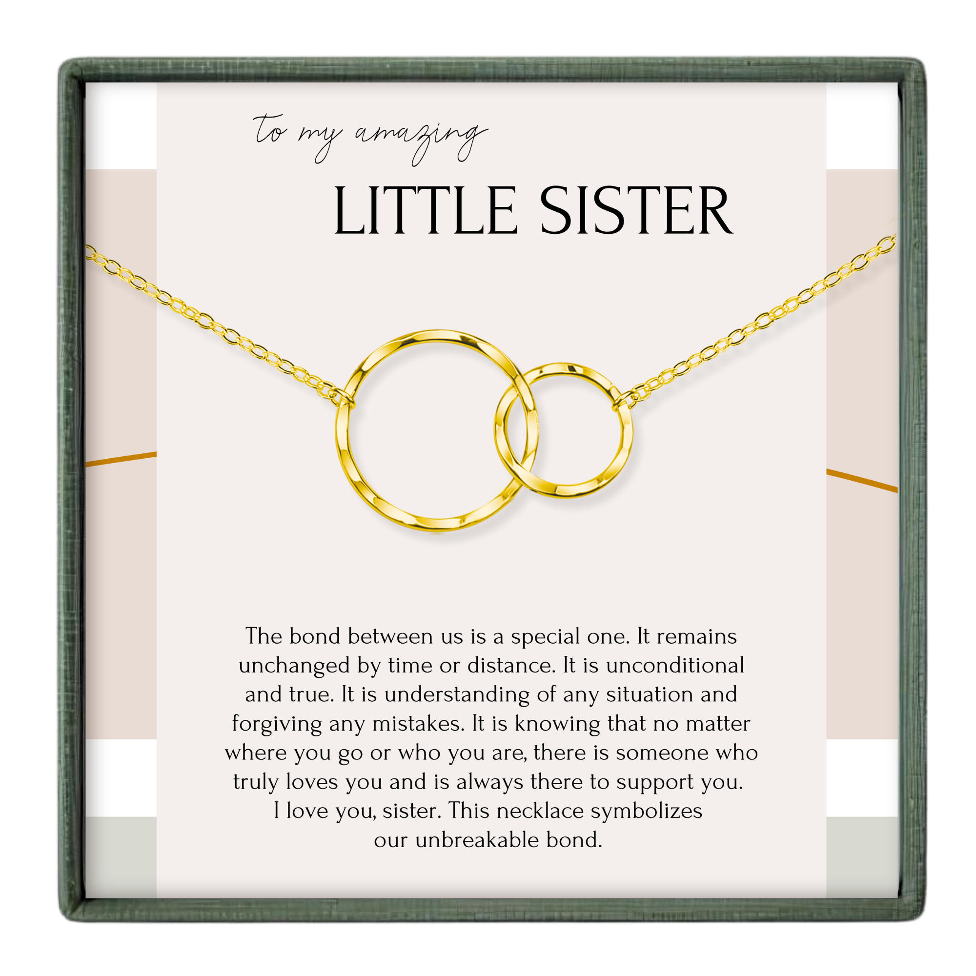 a necklace with two gold-colored circles, symbolizing the unbreakable bond between a sister and her sister.