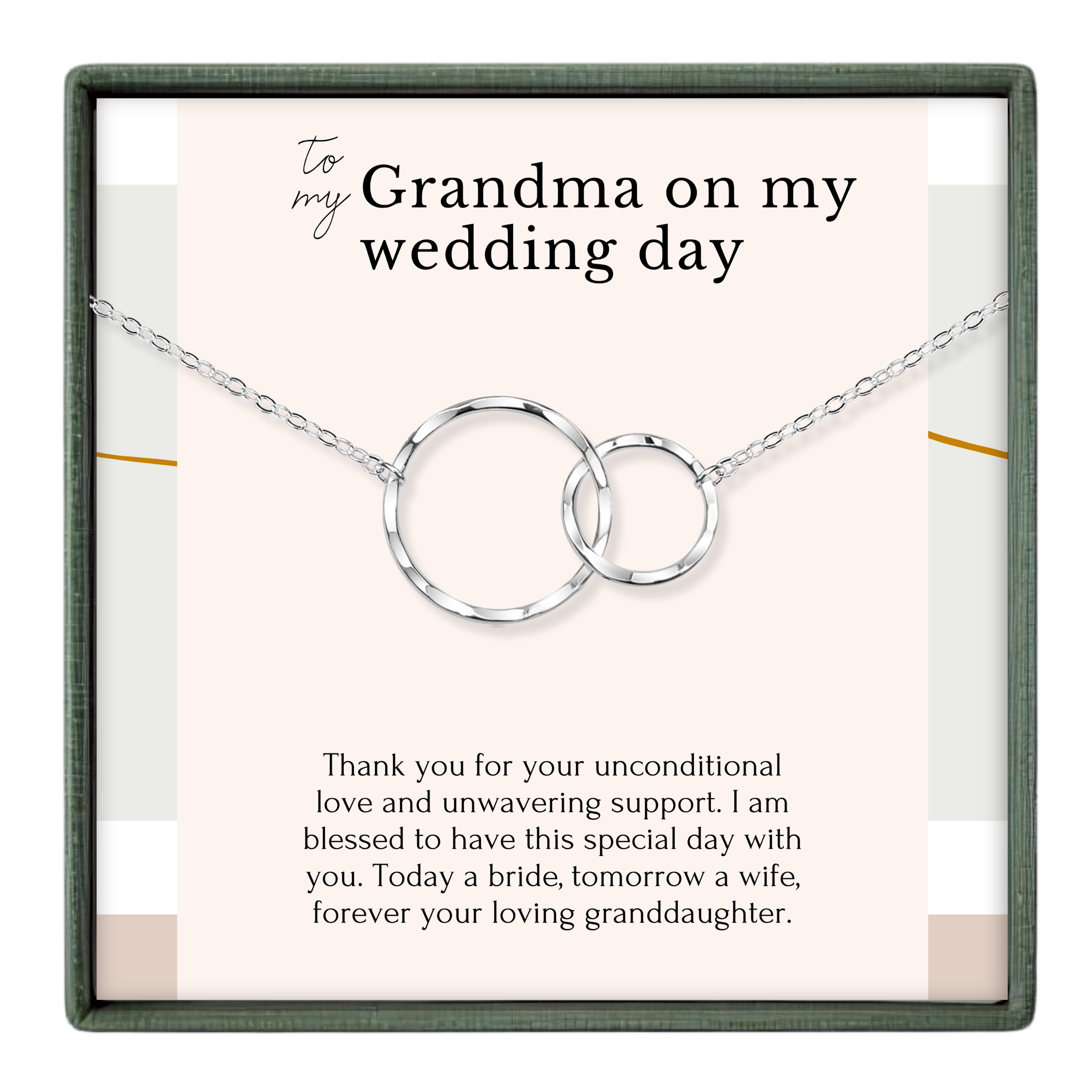 The image is a necklace with two interlocking rings, and it is presented as a gift to Grandma on her wedding day.