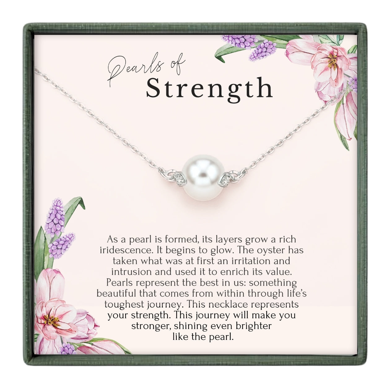 a necklace with a pearl pendant, accompanied by a descriptive text that explains the significance of the pearl as a symbol of strength.