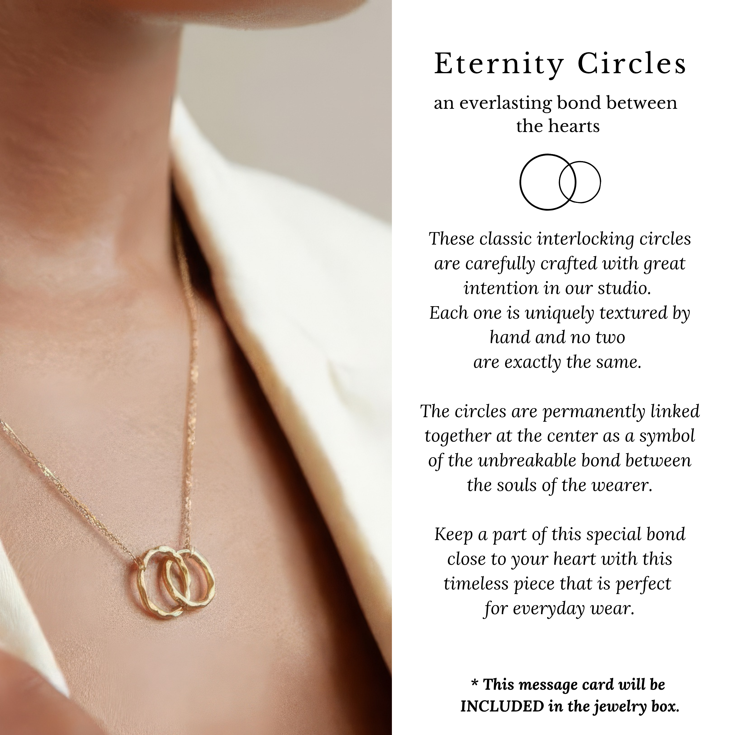 a close-up of a necklace with a pendant, accompanied by text describing the necklace and its design.