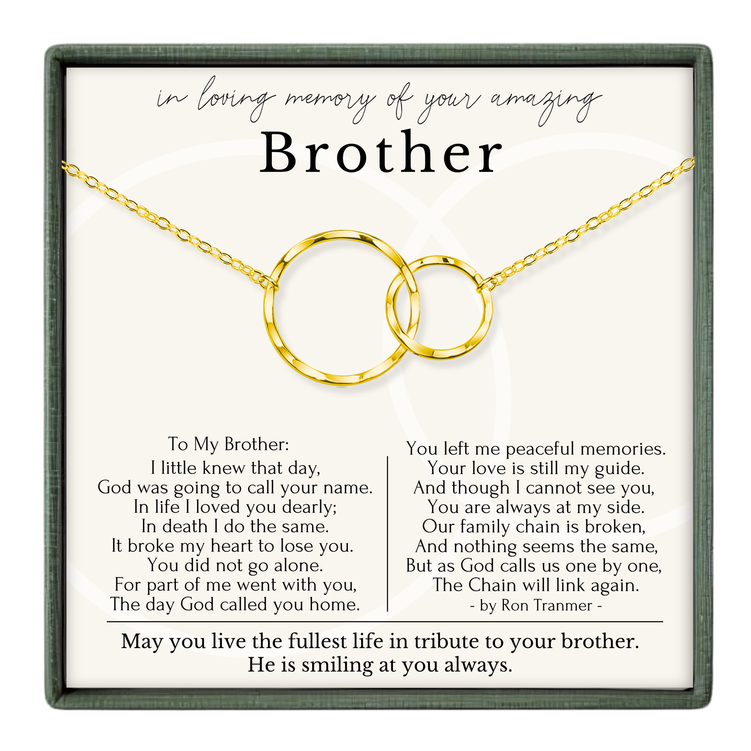 The image is a memorial box for a brother, containing a gold chain with two interlocking rings and a heartfelt poem expressing love and remembrance.