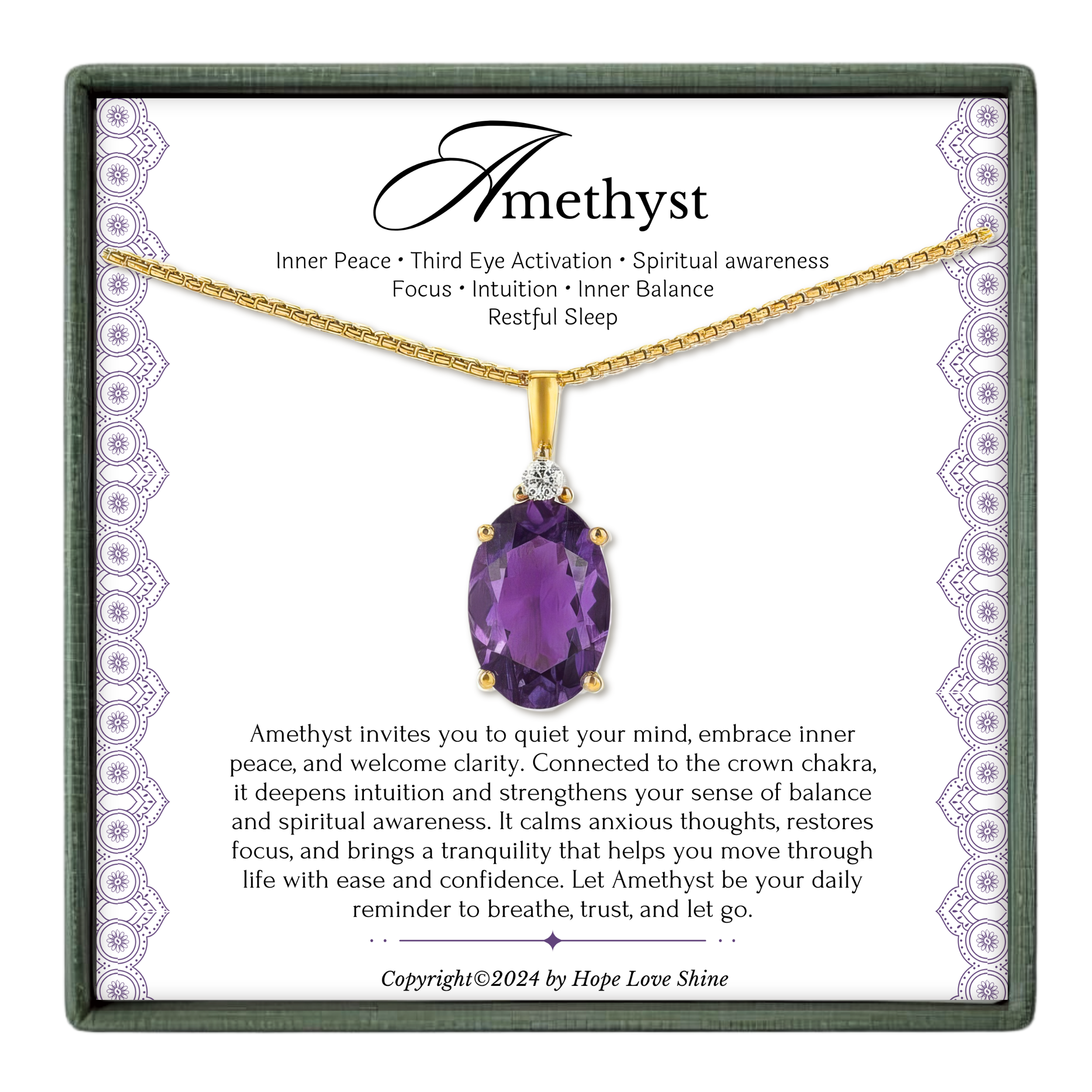 a necklace with a large purple gemstone, which is described as an "Amethyst" in the provided text.