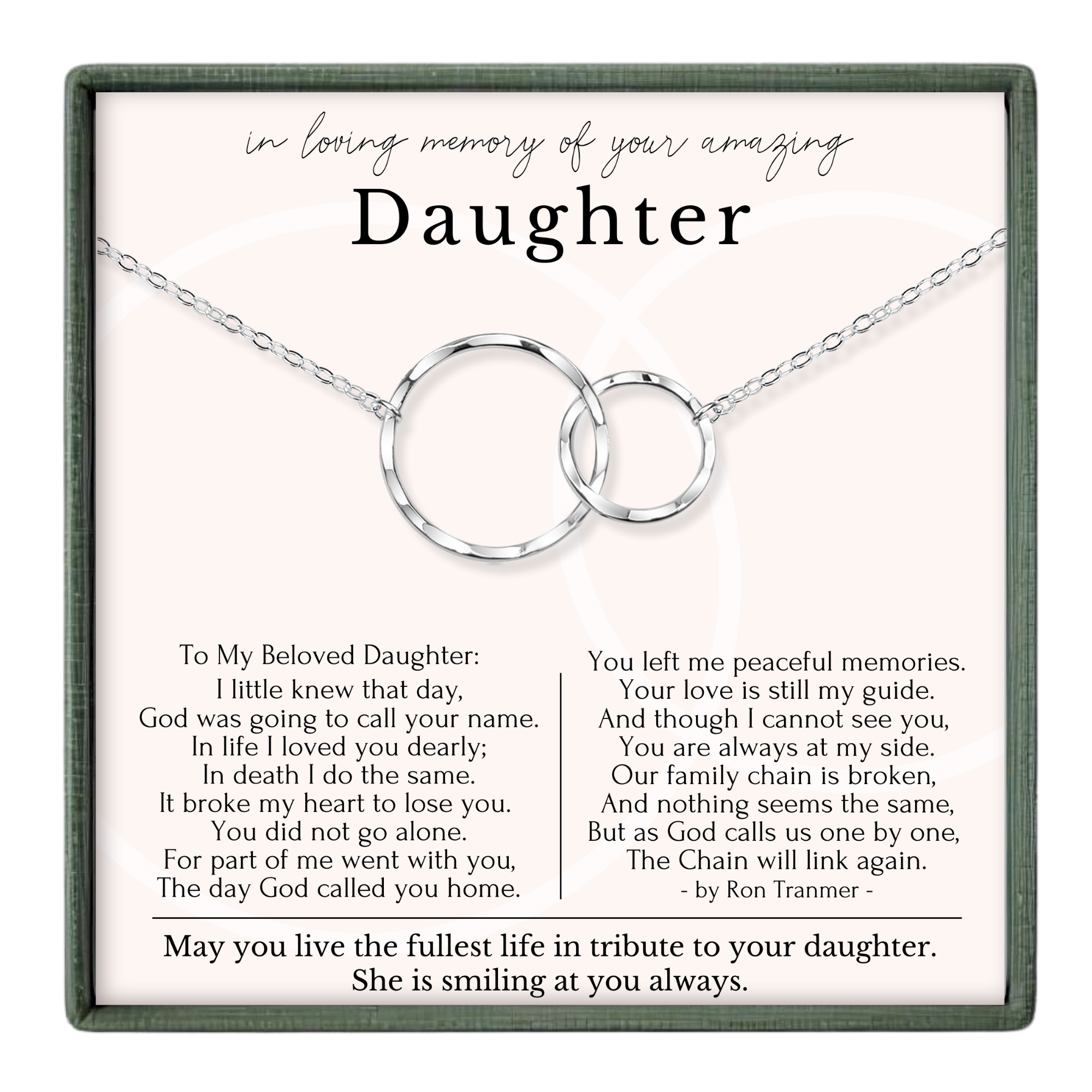 a heartfelt tribute to a daughter, expressing love and memories of her. The tribute includes a necklace with two interlocking rings, symbolizing the bond between the daughter and her mother. The text is a poem that expresses the love and guidance the daughter has received from her mother, and the poem is written by Ron Tramer. The image does not contain any additional information that would allow for a detailed description of the scene.