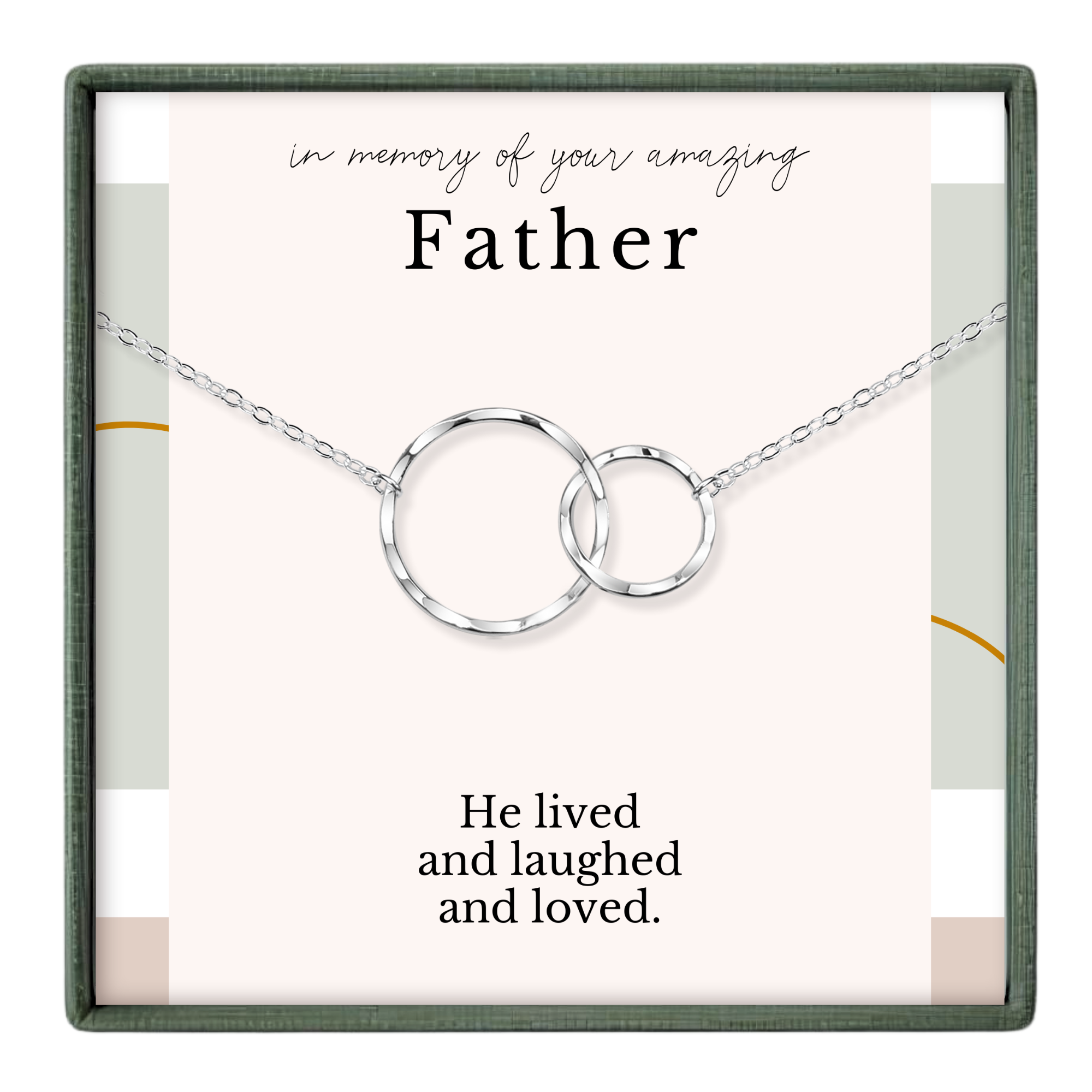 The image is a necklace with two circular pendants, and it is presented in a frame with a message about a father.