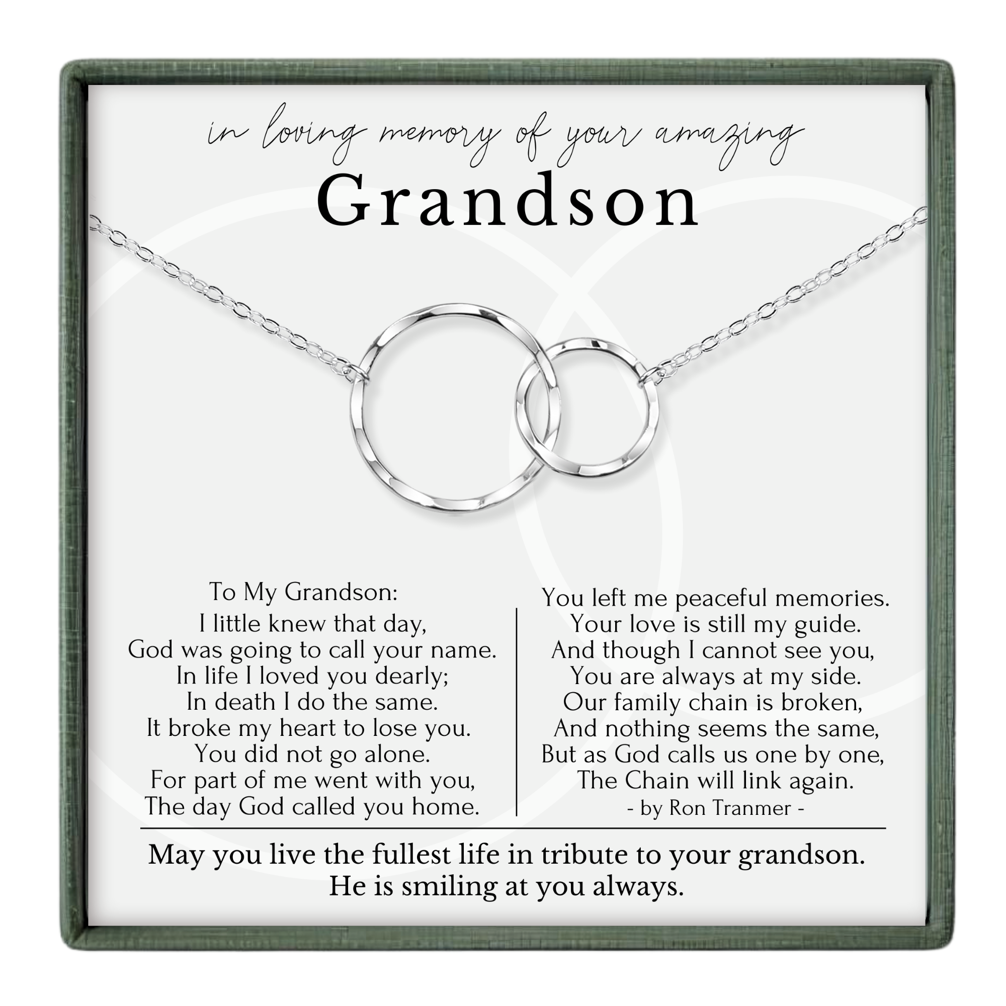 a heartfelt tribute to a grandfather, expressing love and memories shared between them. The tribute includes a necklace with two interlocking rings, symbolizing the bond between the grandfather and his family. The text is a personal message expressing the grandfather's love and the impact he had on the family.