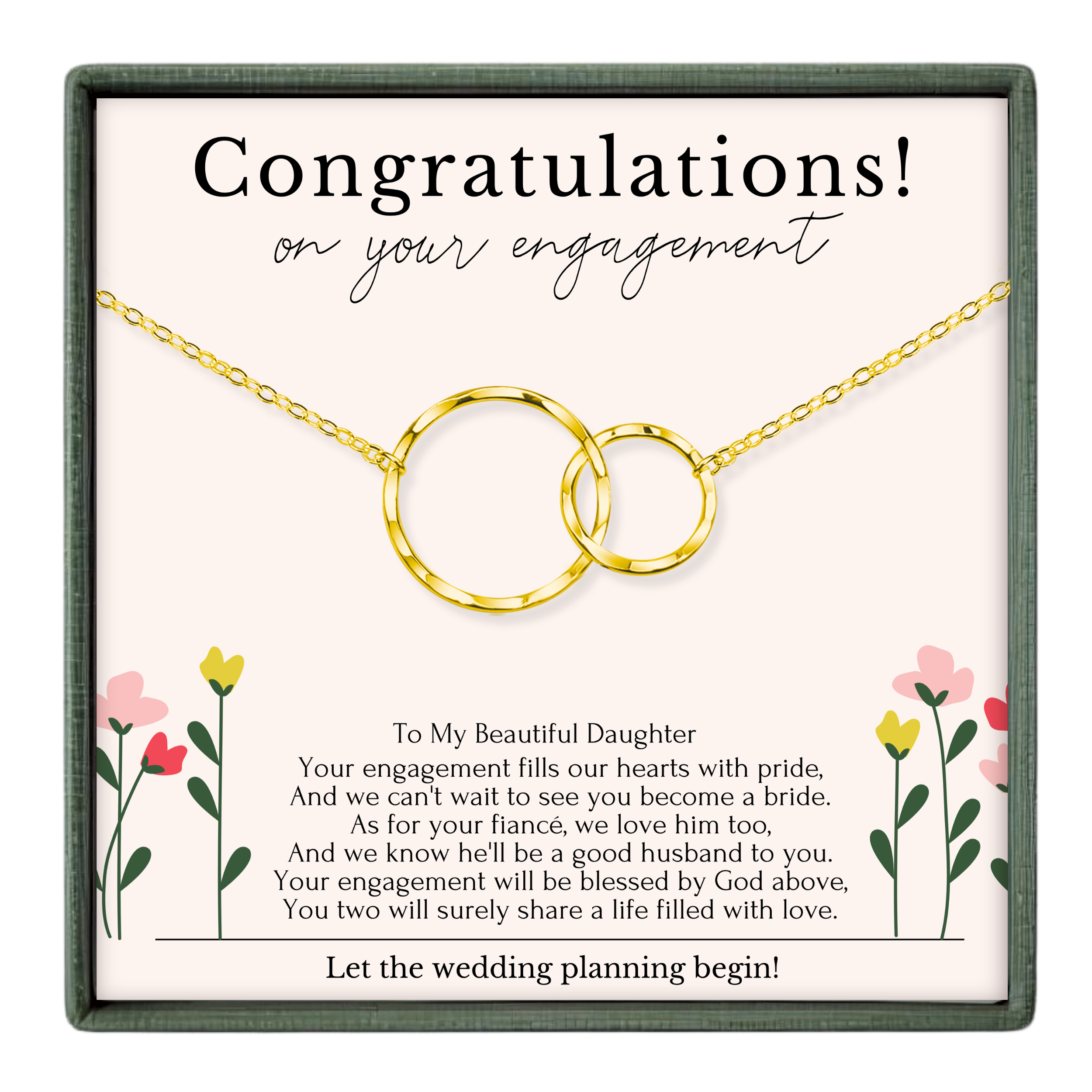 The image is a gift box containing a necklace with two gold rings and a heartfelt message about an engagement.