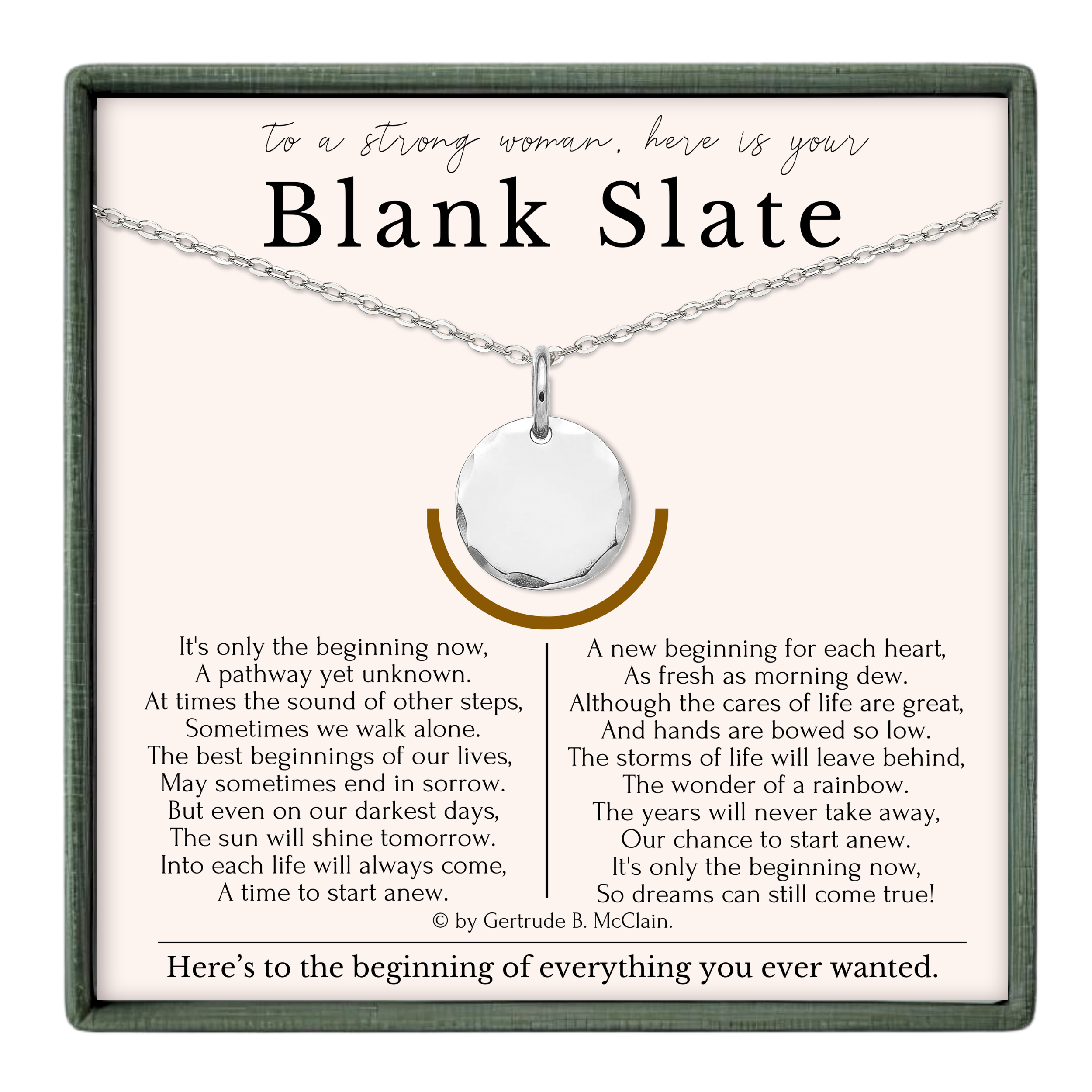 The image is a necklace box with a pendant, featuring a poem about the beginning of life.