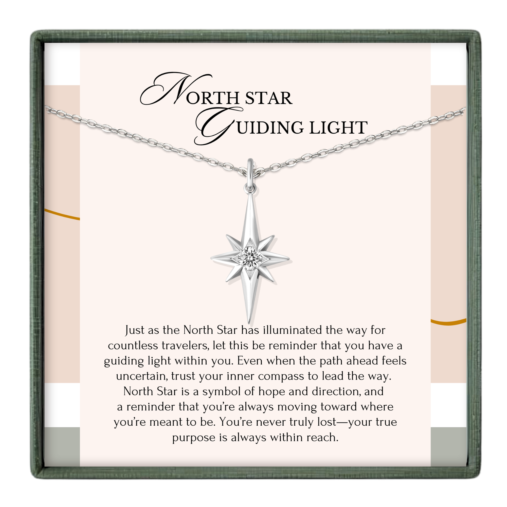 a silver necklace with a star pendant, accompanied by a text that provides a thoughtful message about the symbolism of the star and the importance of having a guiding light within oneself.
