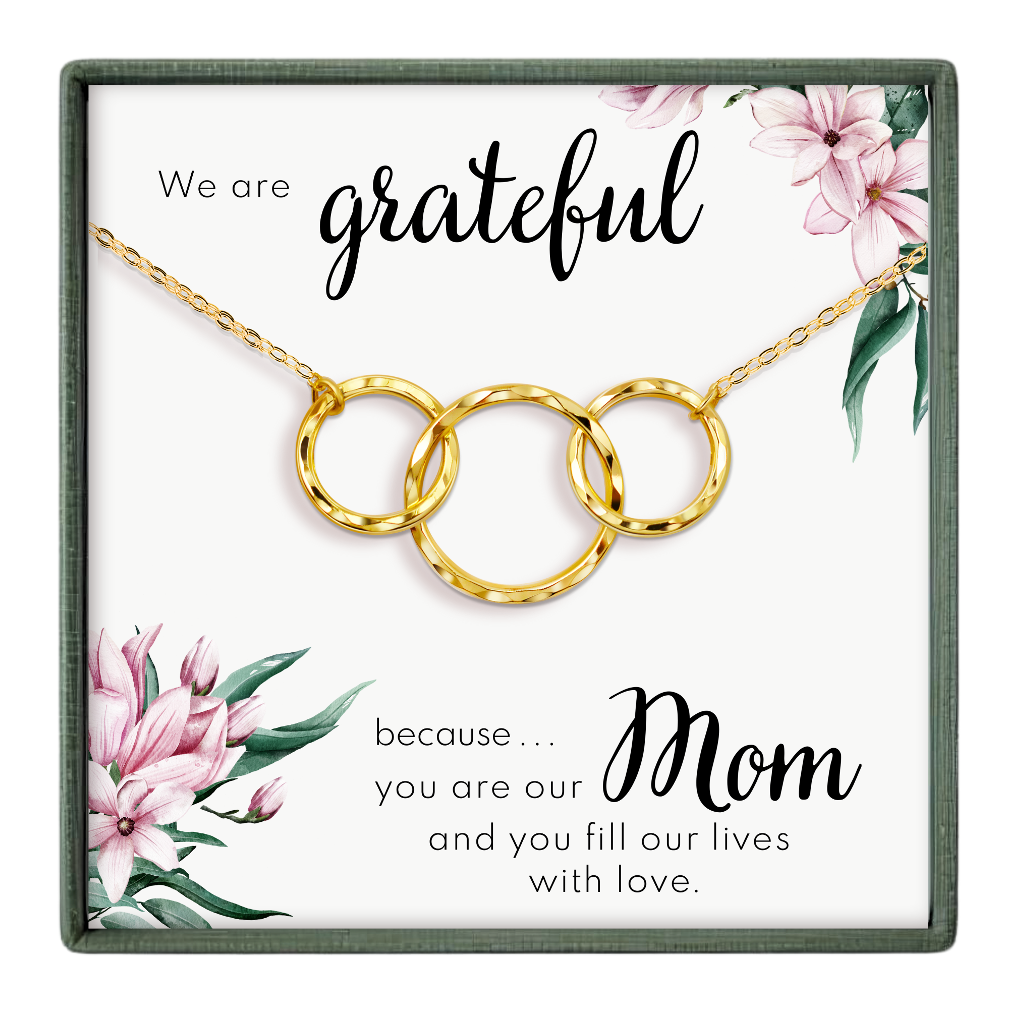 The image is a necklace with three interlocking rings, accompanied by a heartfelt message about a mother.