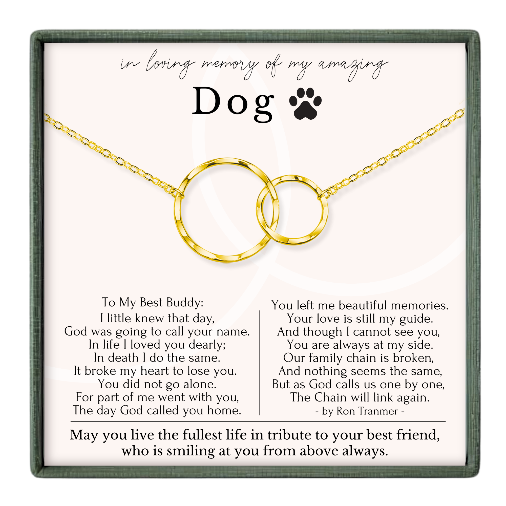 a heartfelt tribute to a dog, with a gold chain necklace featuring a dog paw print and a poem written in black text.