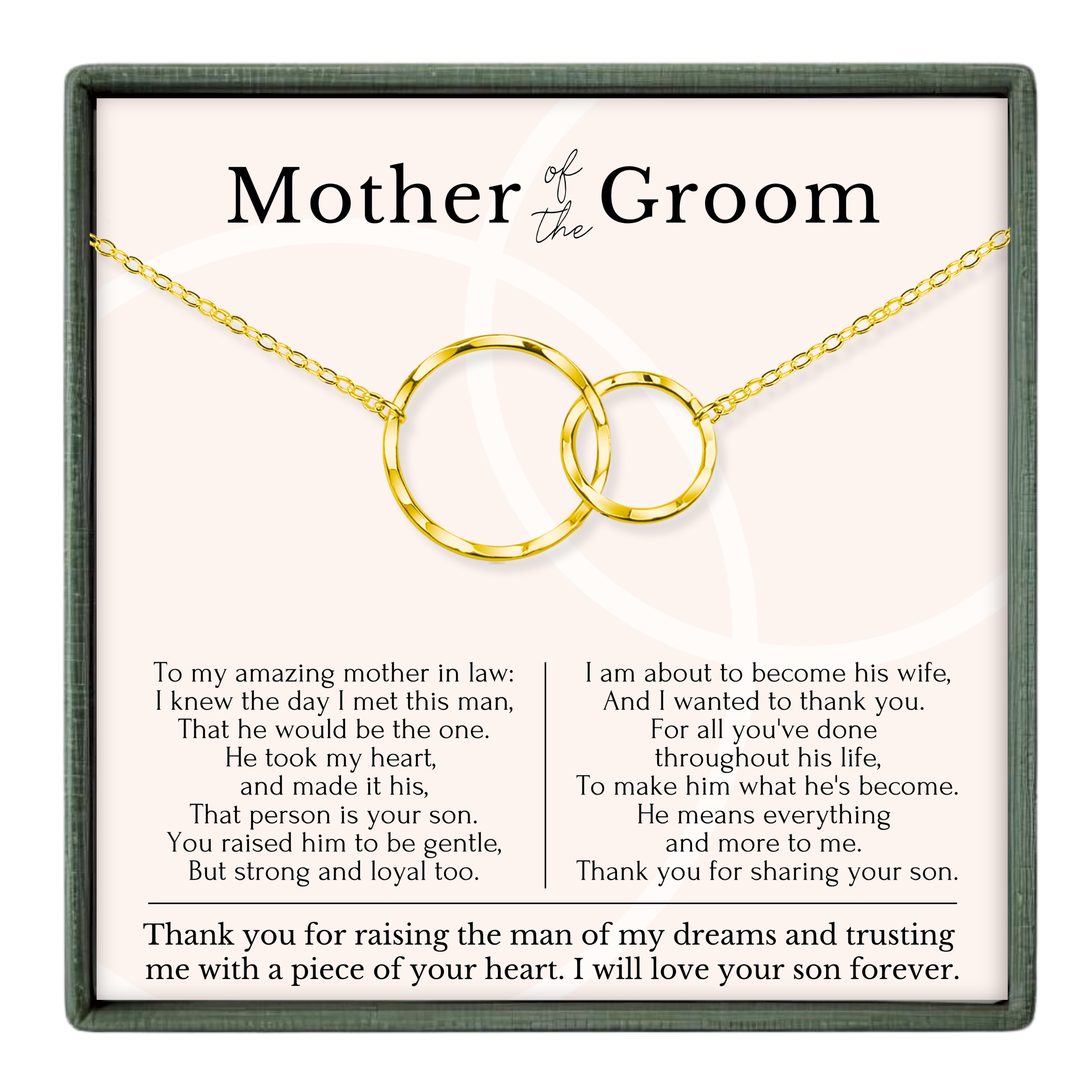 The image is a necklace with two gold rings, and it is presented as a gift for the mother of the groom. The text is a heartfelt message expressing gratitude and love for the mother, and it is written in a formal tone.