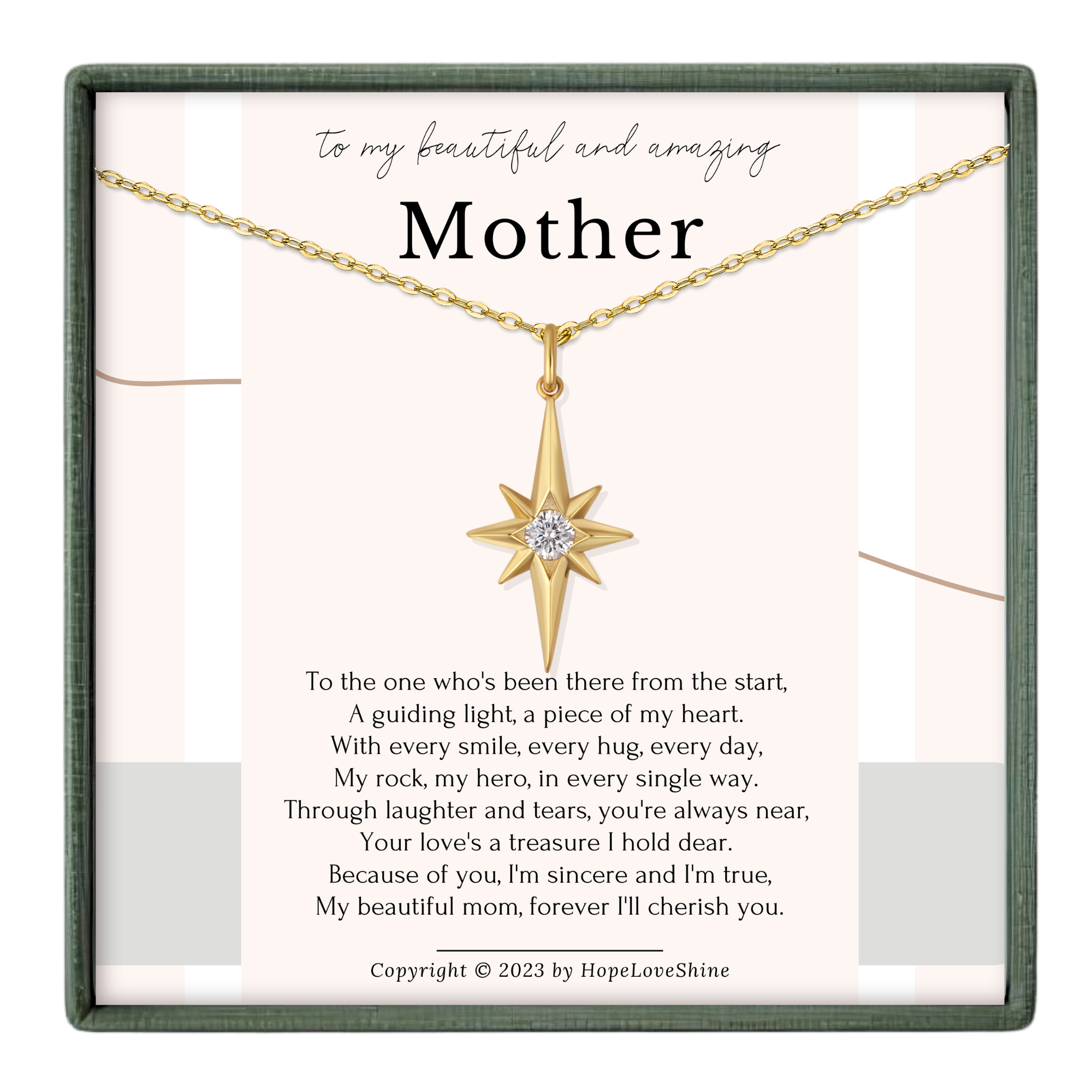 a necklace with a pendant, and it is accompanied by a poem expressing love and admiration for a mother.