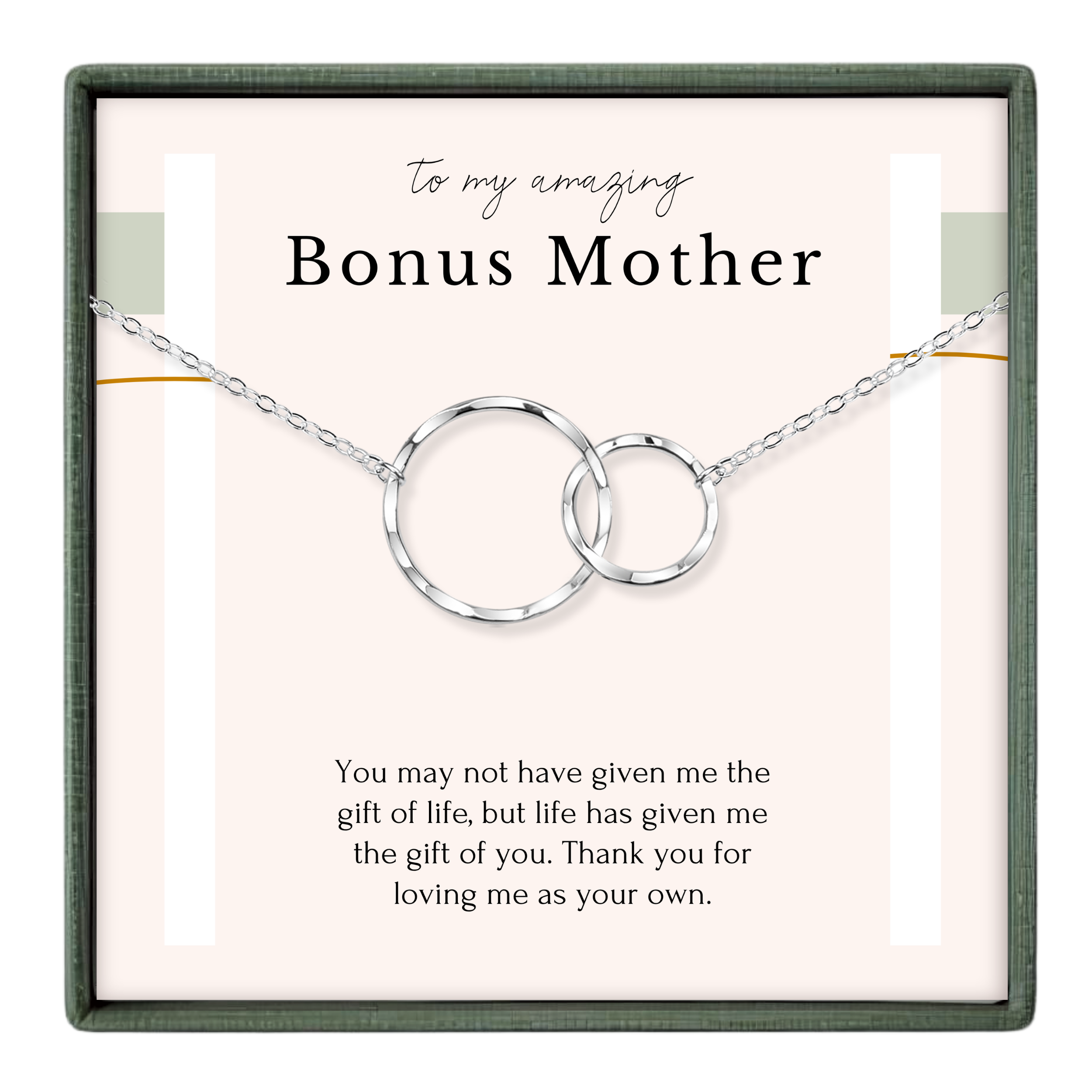 The image is a gift box containing a silver necklace with two interlocking circular pendants. The box is labeled "to my amazing Bonus Mother" and includes a message expressing gratitude for the gift of life and love.