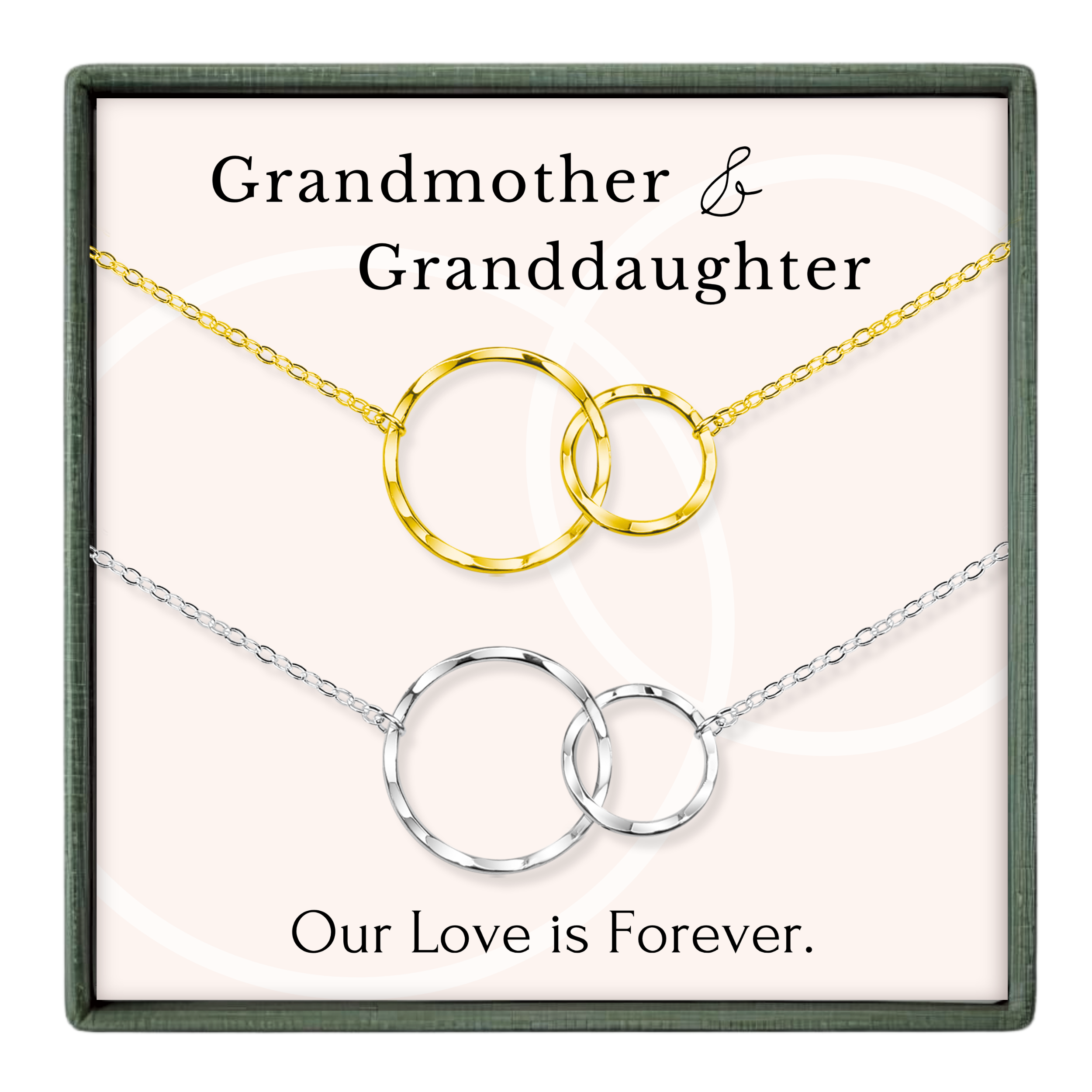 A necklace set with two circular pendants, one gold and one silver, with the text "Grandmother & Granddaughter" and "Our Love is Forever."