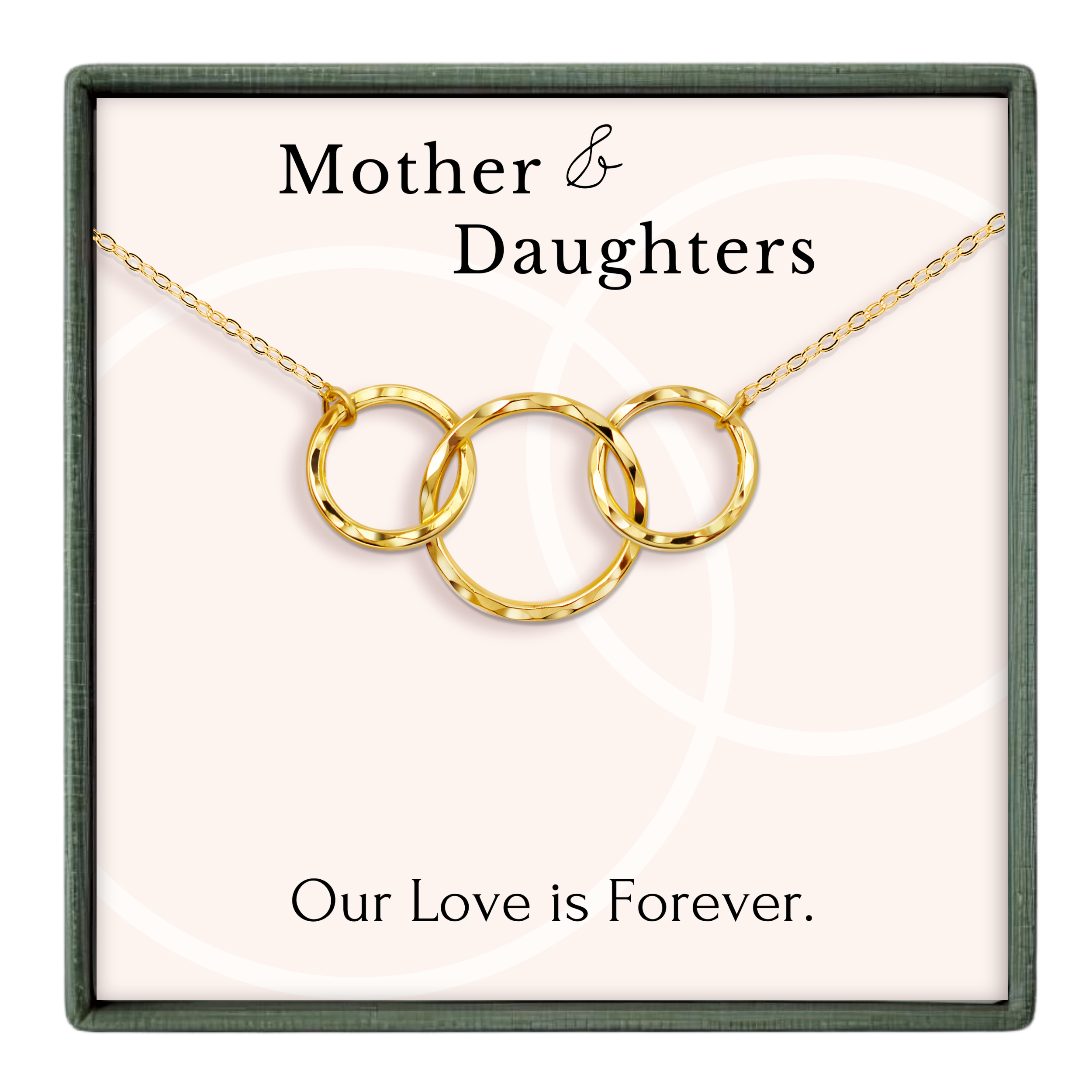 a necklace with three interlocking rings, accompanied by a message that reads "Our Love is Forever."