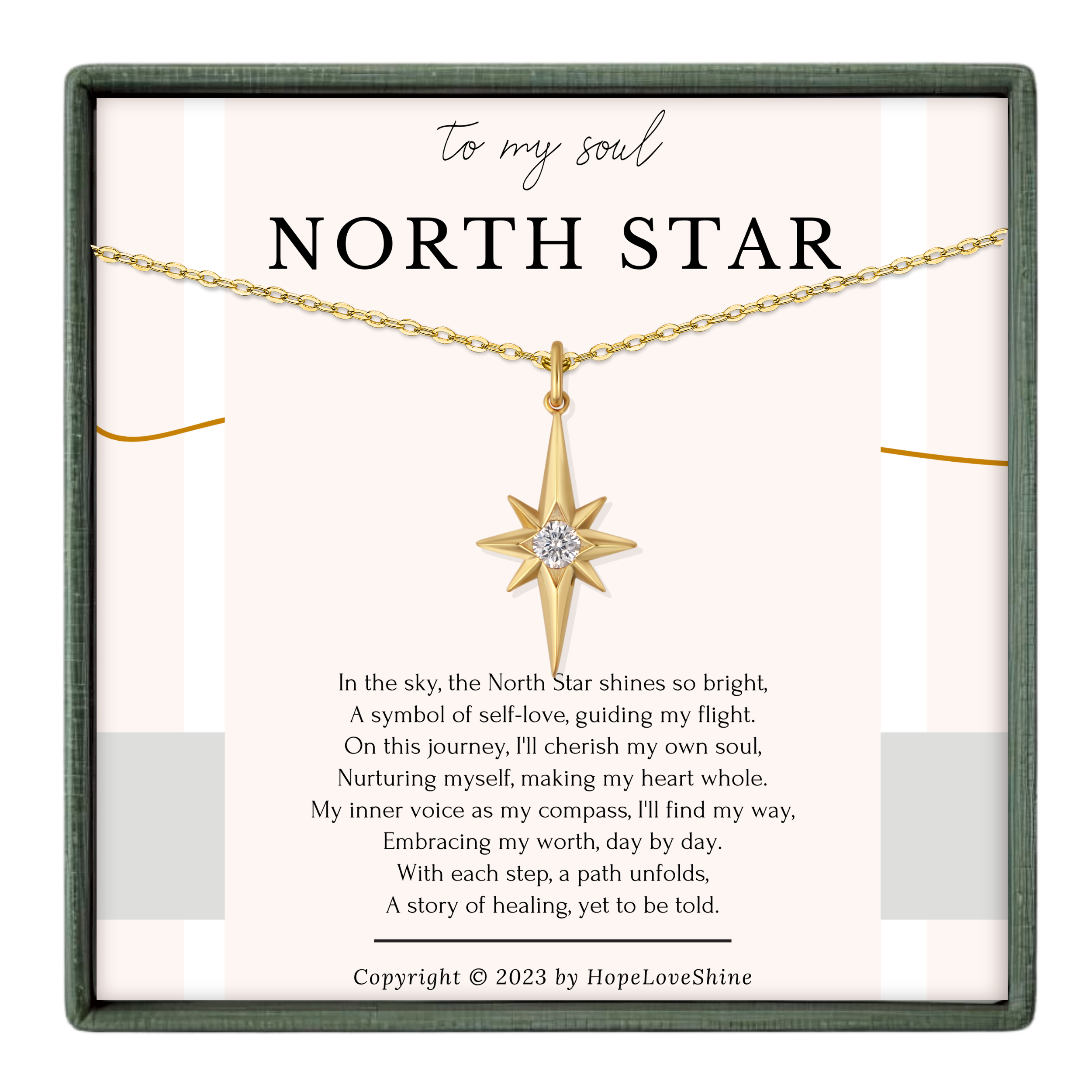 The image is a necklace with a pendant featuring a star-shaped design, accompanied by a poem about the North Star.