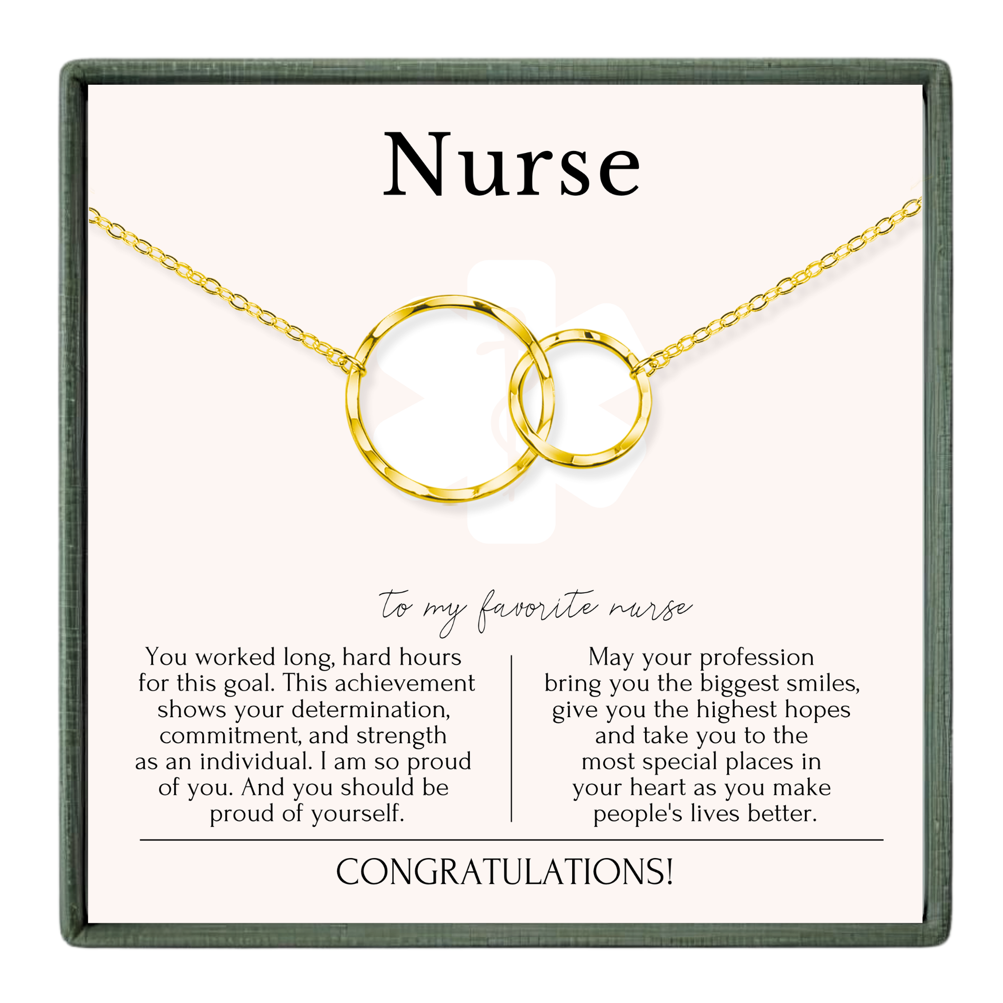 The image is a necklace with two gold rings, and it is accompanied by a message expressing congratulations to a nurse.