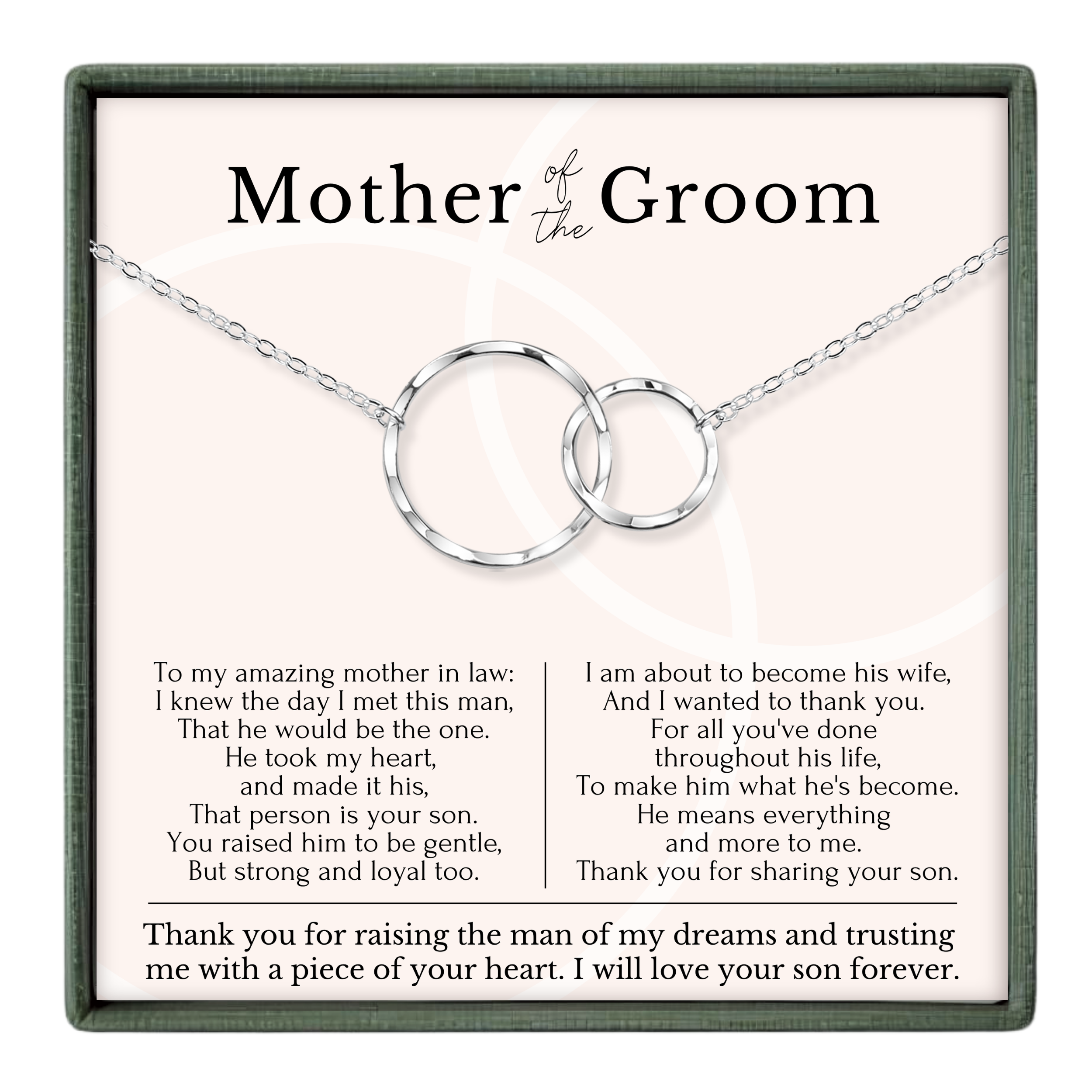 The image is a necklace with a message about a mother of the groom, expressing gratitude and love for her.