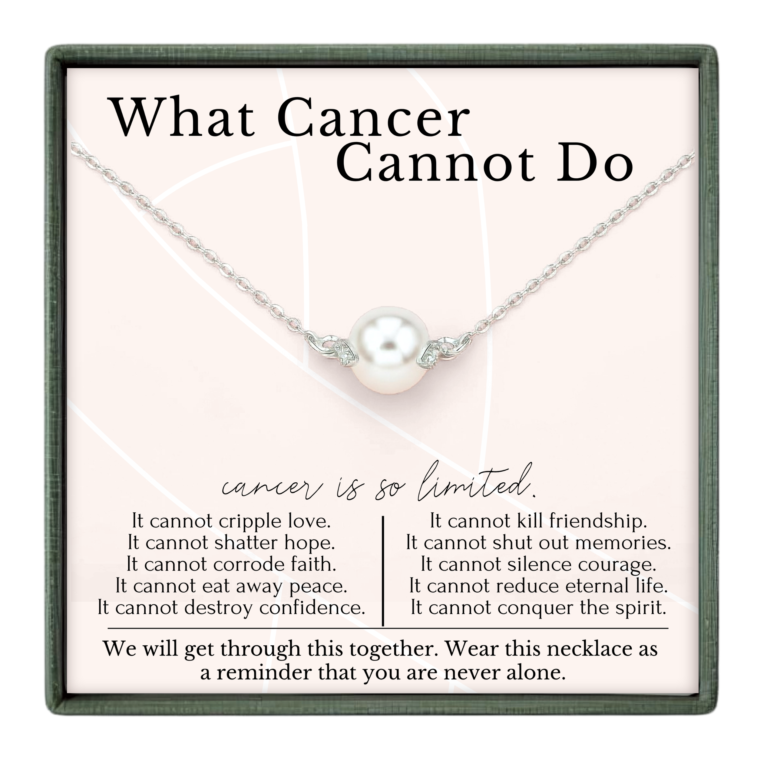 The image is a necklace with a pearl pendant, accompanied by a message about cancer and friendship.