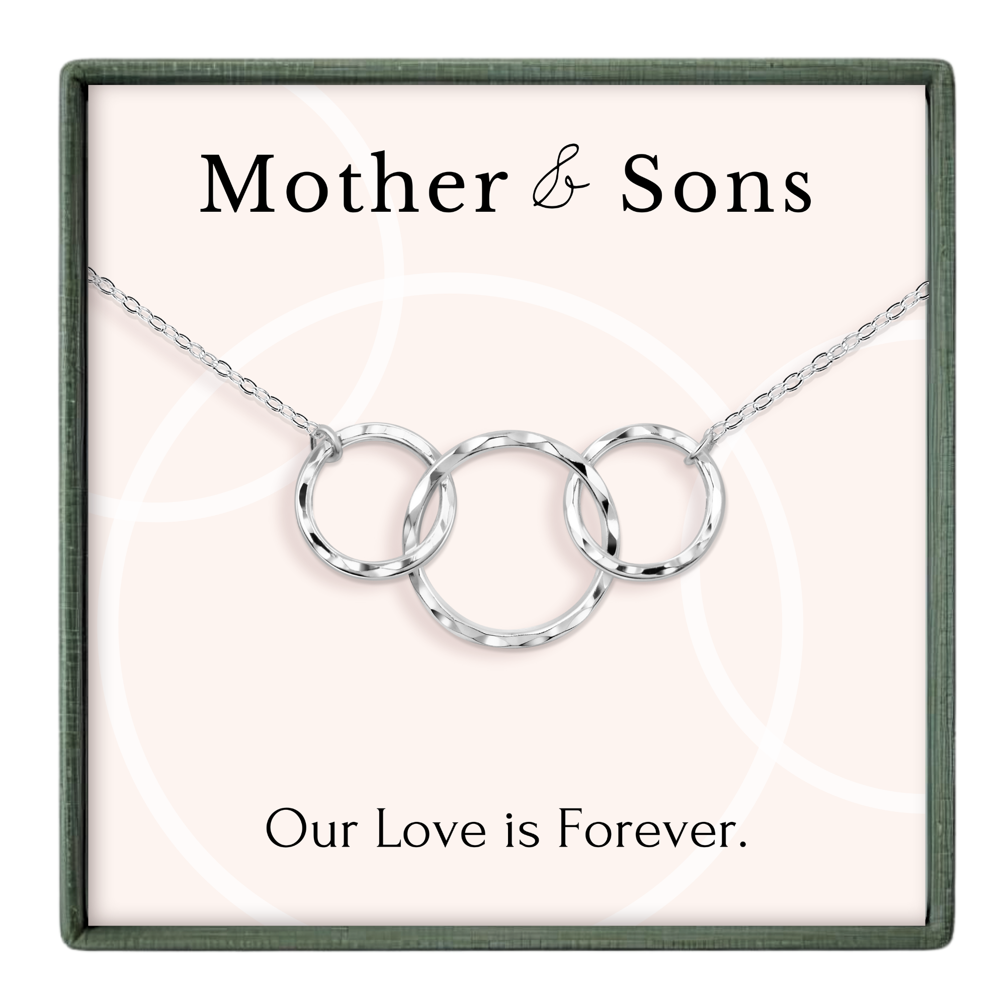 A necklace with three interlocking rings, accompanied by the text "Mother & Sons" and "Our Love is Forever."
