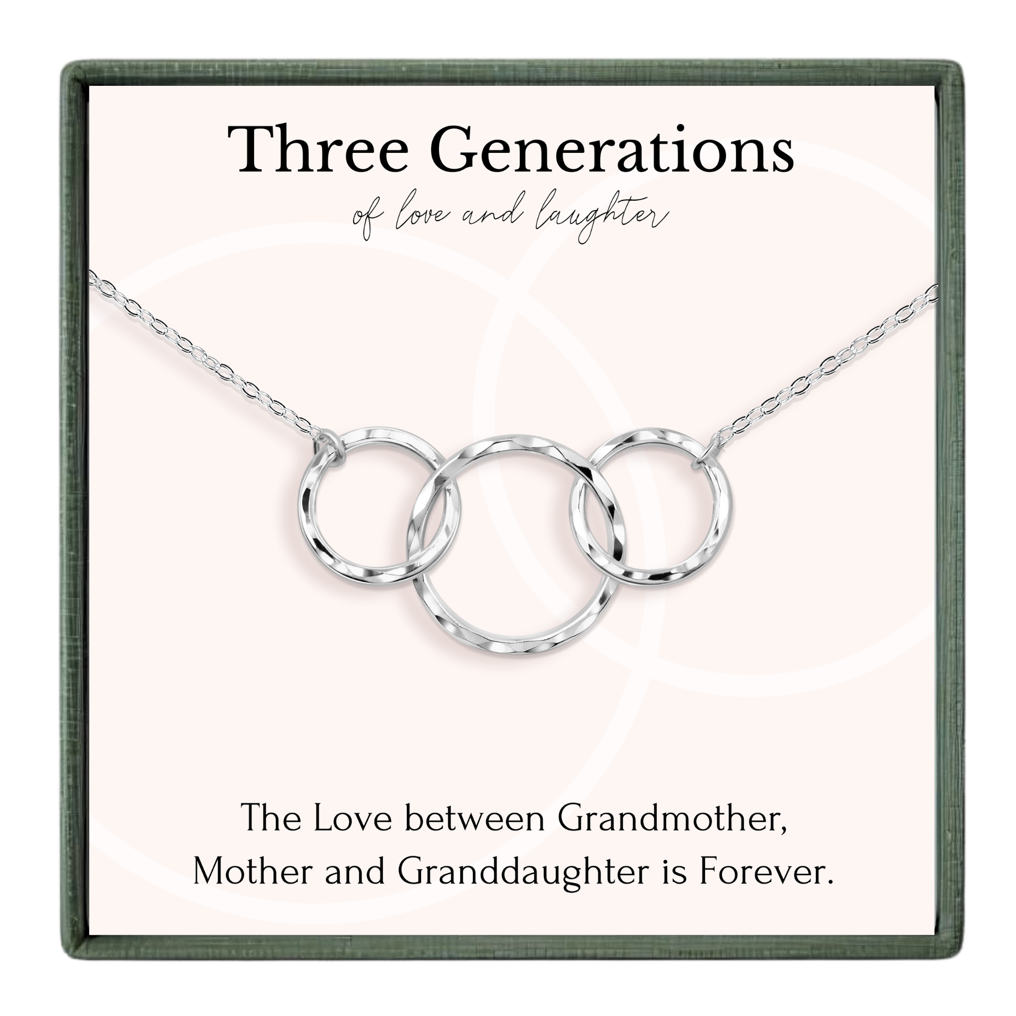 a necklace with three interlocking rings, accompanied by a caption that reads "The Love between Grandmother, Mother and Granddaughter is Forever."