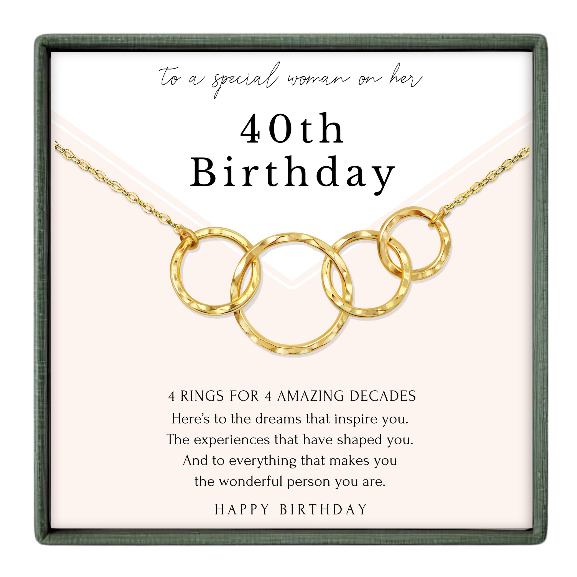 The image is a birthday card for a woman celebrating her 40th birthday. It features a necklace with four gold rings, and the card includes a message about the woman's experiences and the wonderful person she is.