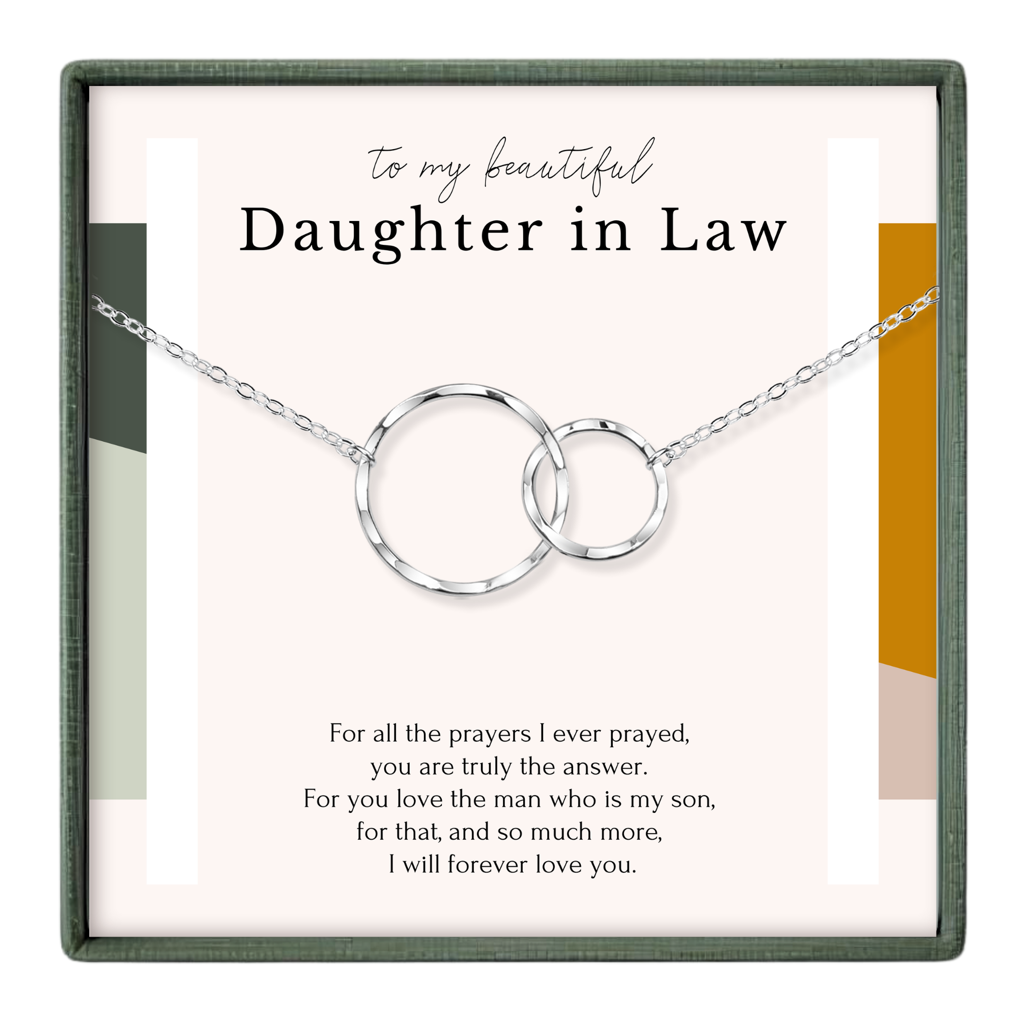 The image is a necklace with two interlocking rings, accompanied by a heartfelt message expressing love and appreciation for the daughter in law.