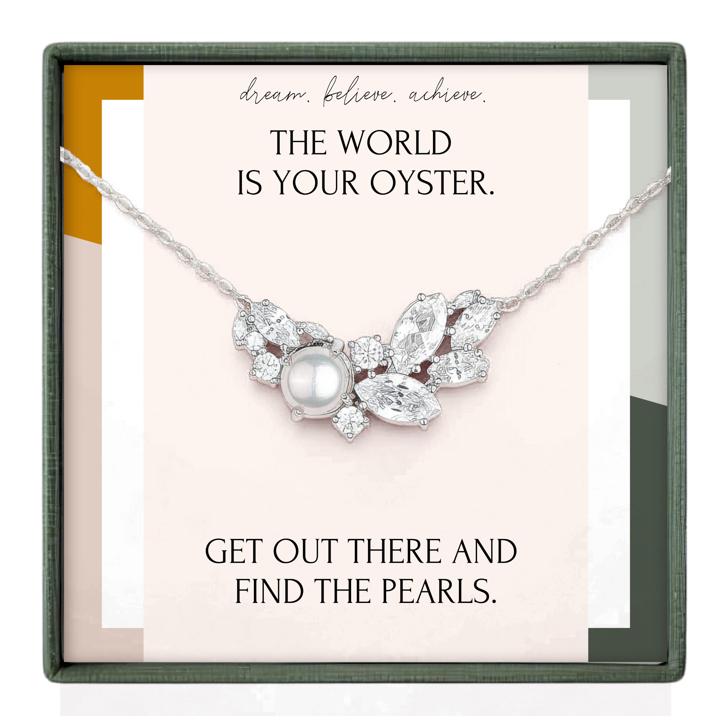 a necklace with a large pearl pendant, accompanied by a motivational quote about achieving one's dreams and finding pearls.