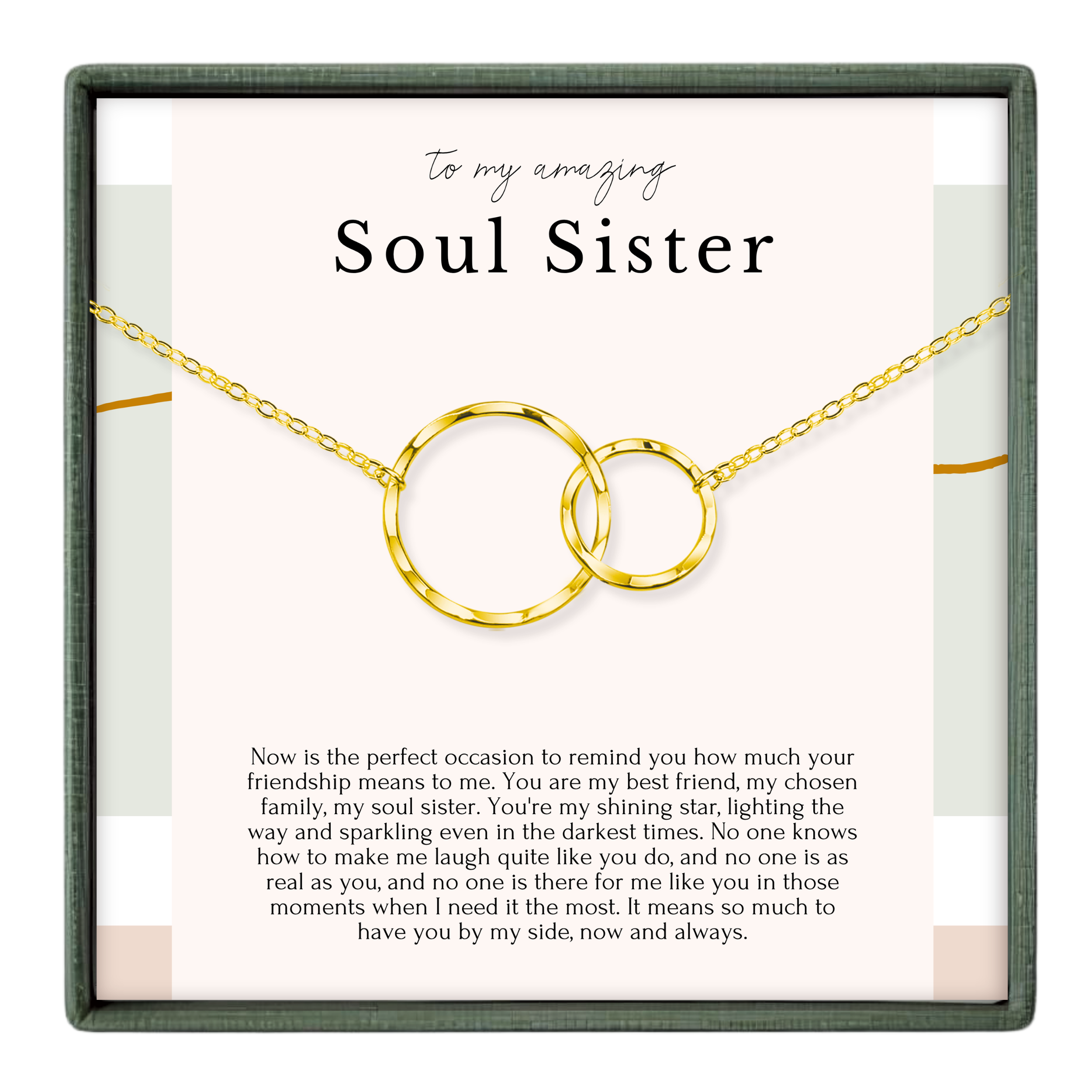 The image is a gift box with a necklace and a heartfelt message about the importance of a soul sister.