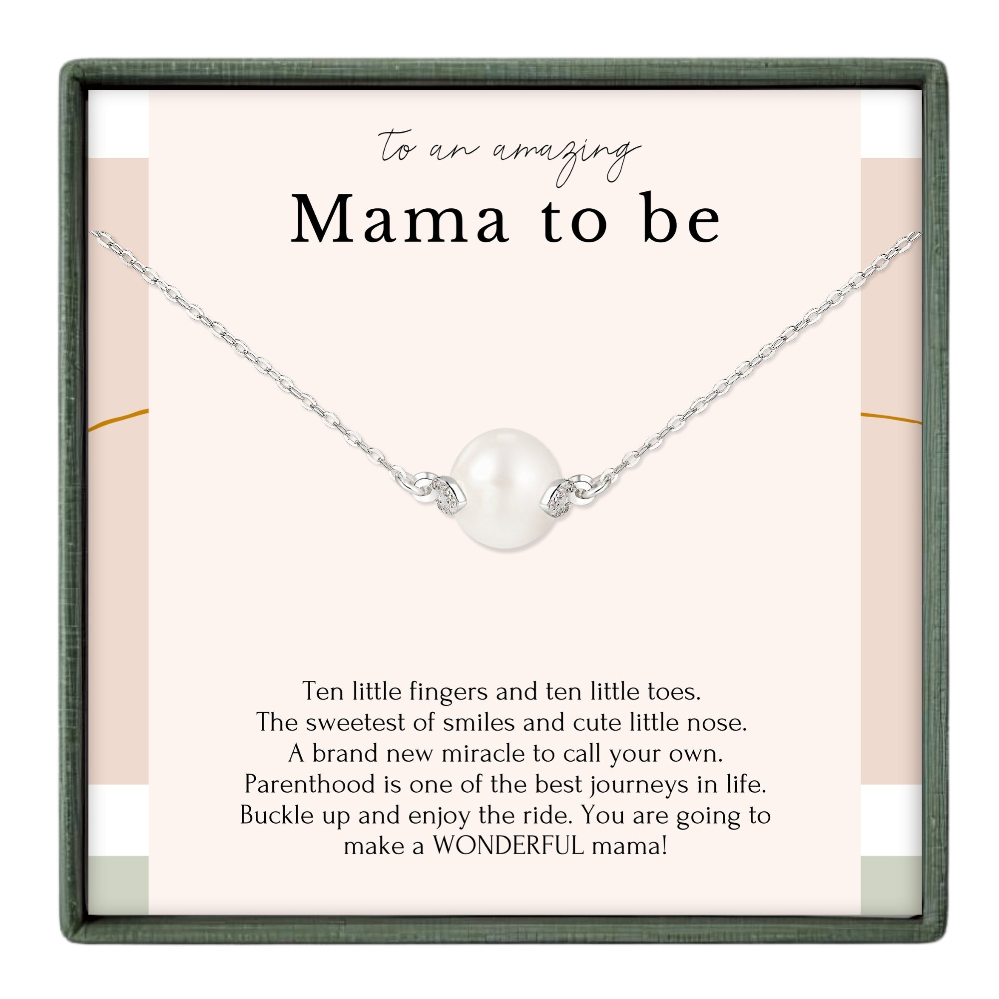 a necklace with a pearl pendant, accompanied by a message that reads "To an amazing Mama to be".