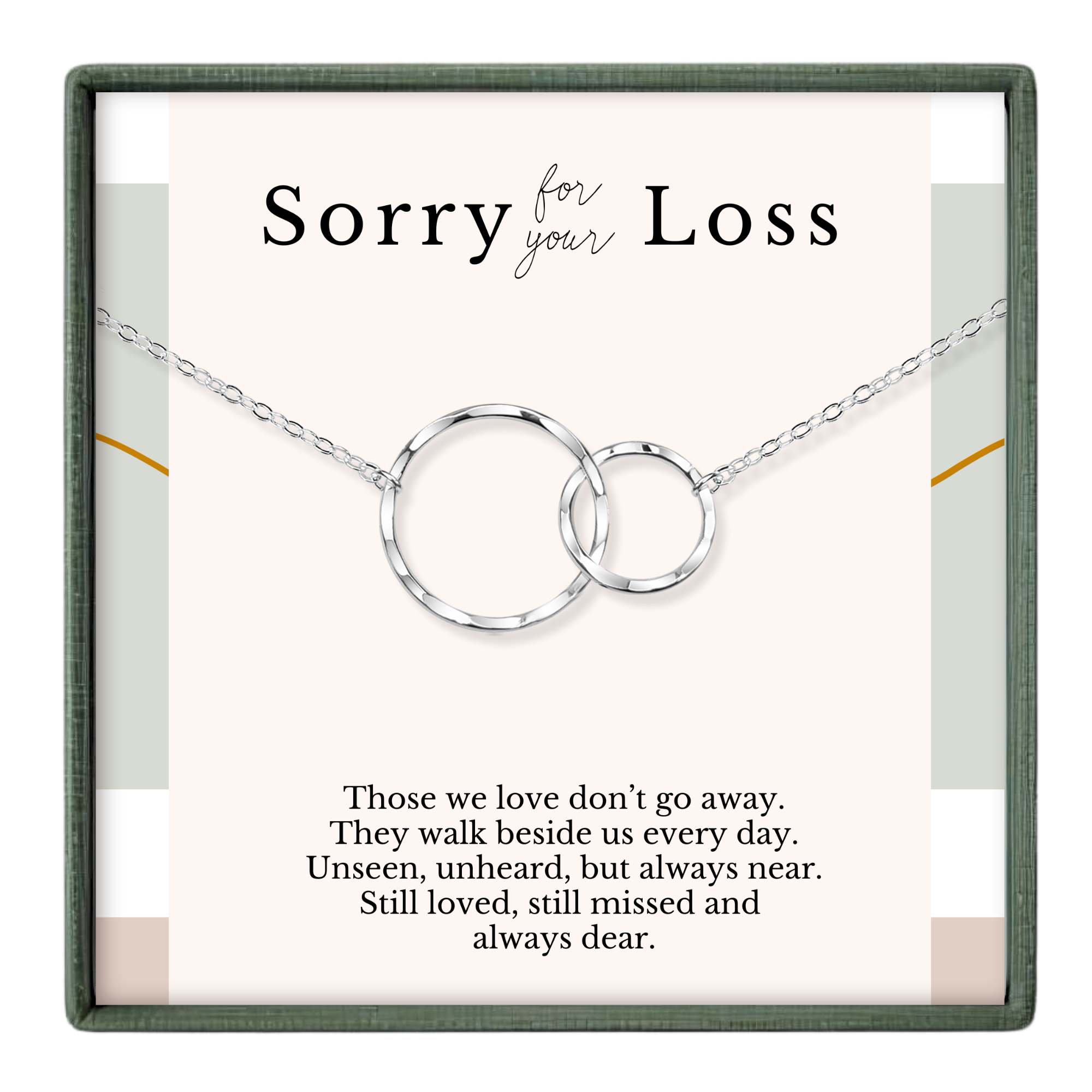 The image is a necklace with two interlocking rings, accompanied by a message that expresses sympathy for a loss.