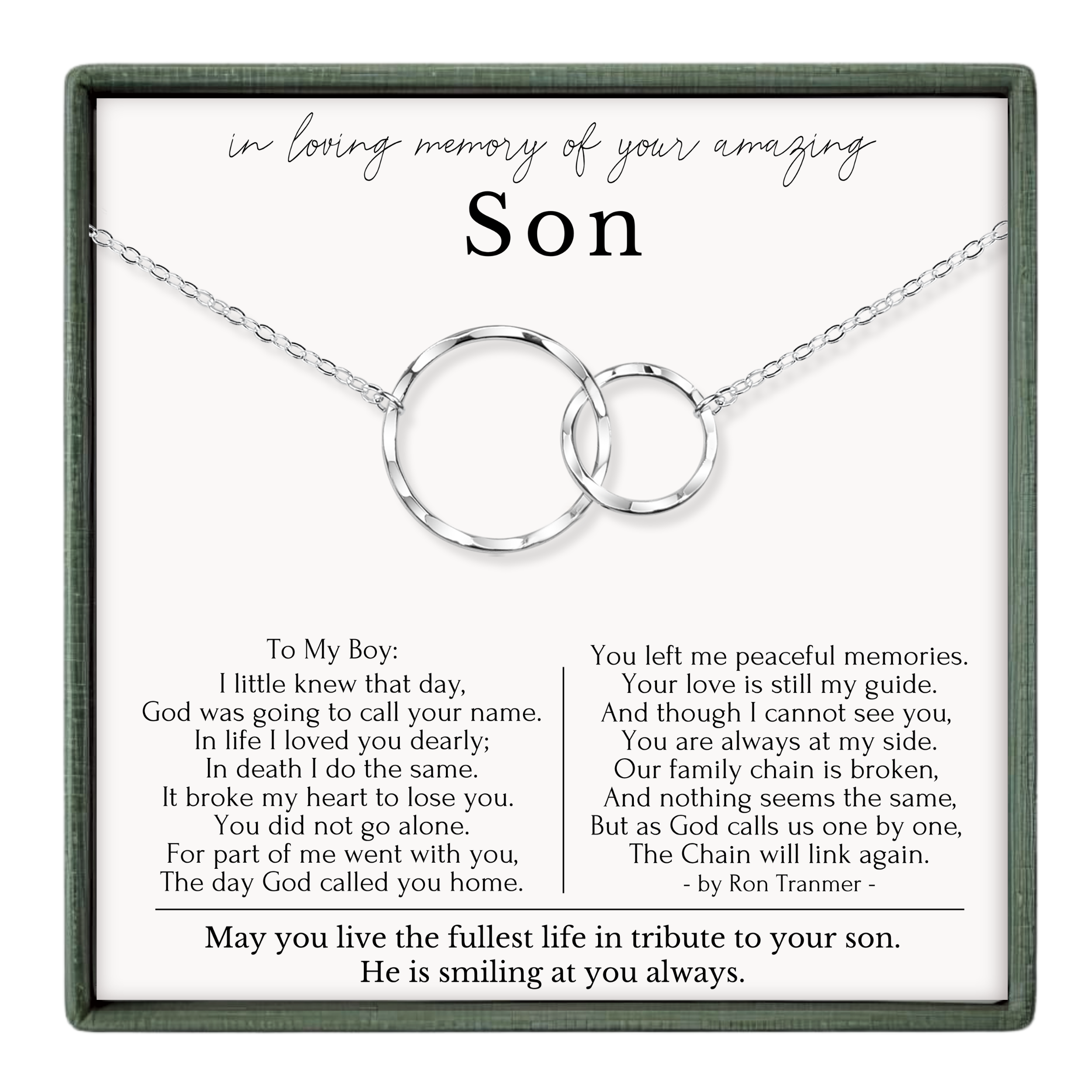 The image is a memorial tribute to a son, featuring a necklace with two circular pendants and a heartfelt message about the love and memories shared between a father and son.