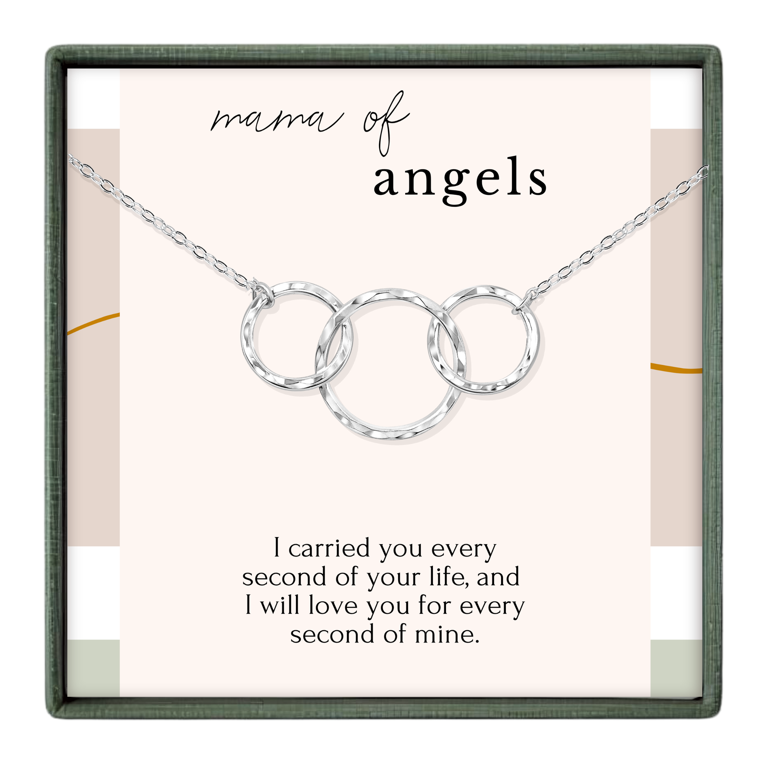 A necklace with three interlocking rings, accompanied by a heartfelt message about the love and care a mother of angels carries for her child.