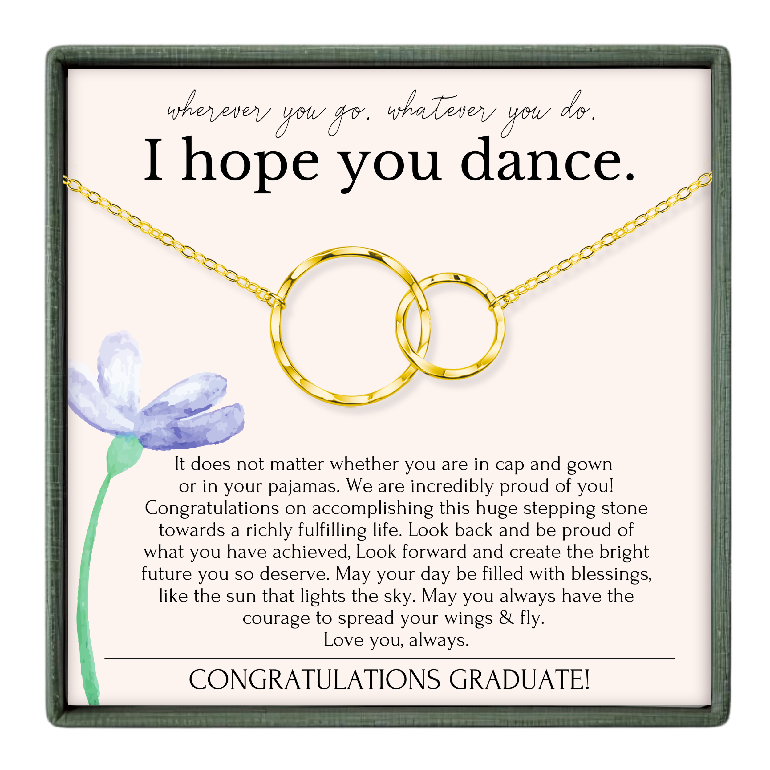 The image is a graduation gift box with a necklace and a purple flower. The text inside the box congratulates the graduate and expresses hope for their future success and happiness.