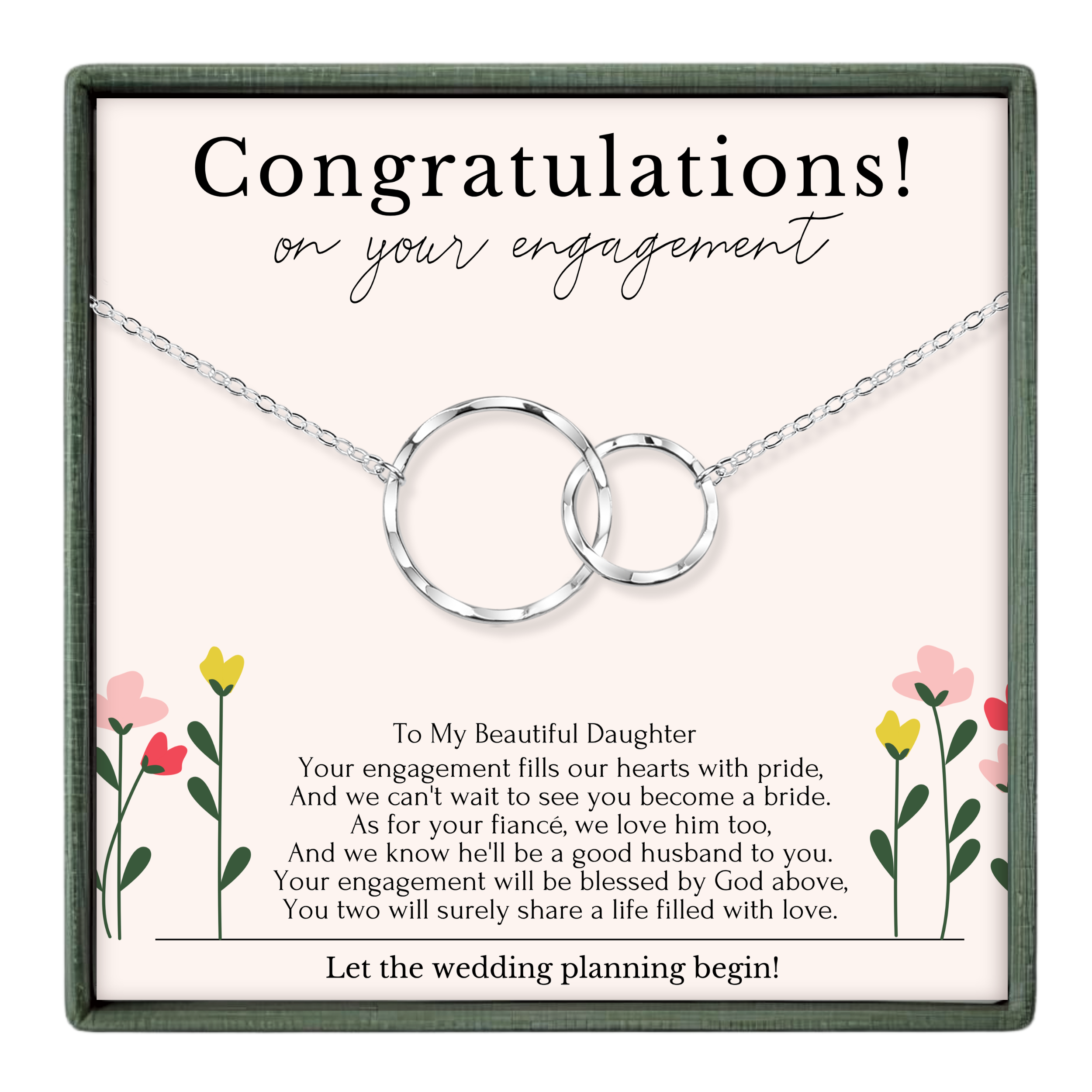 The image is a necklace with a message that congratulates someone on their engagement.