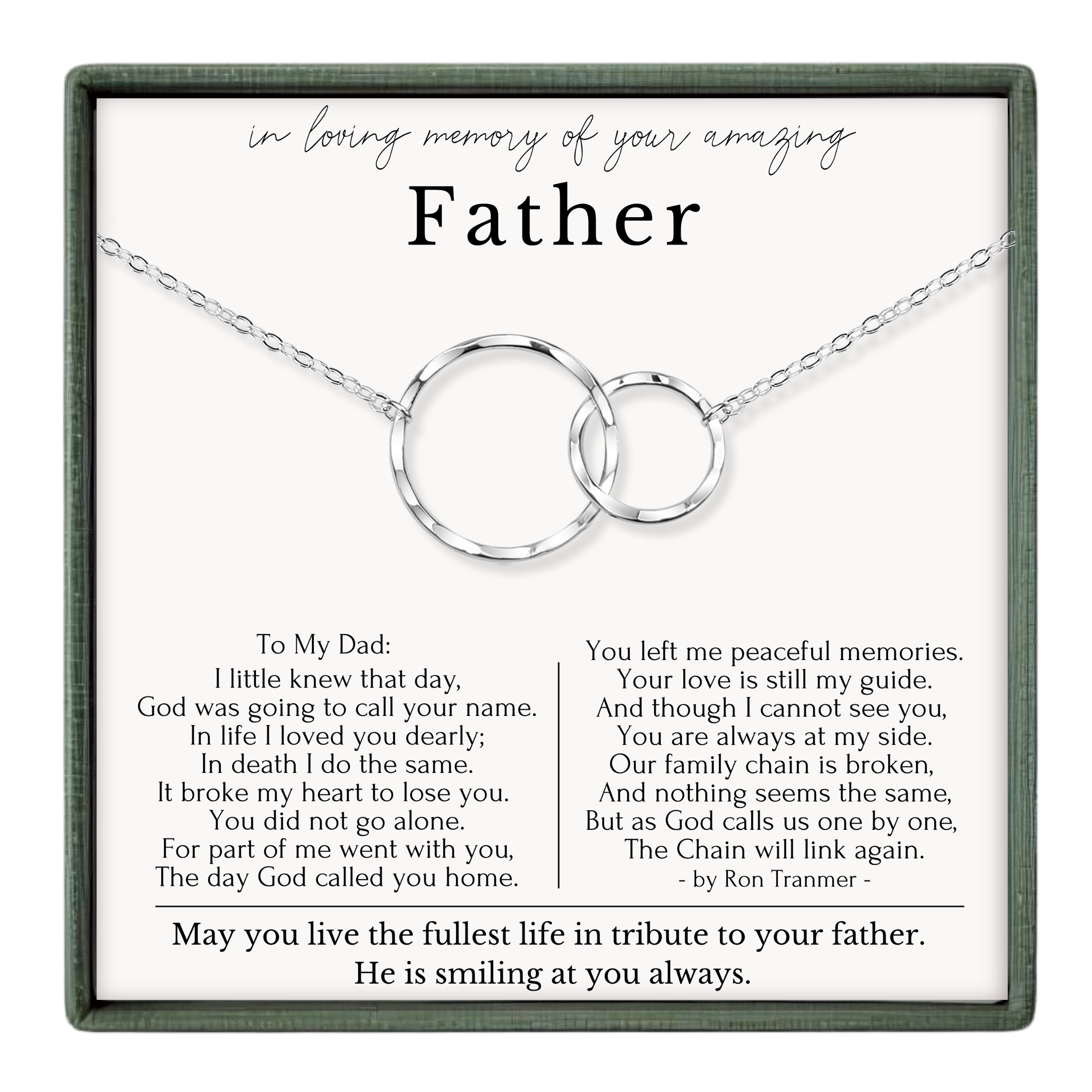 a heartfelt message expressing love and remembrance for a father, accompanied by a necklace with two interlocking rings. The message is a tribute to the father, expressing the love and memories shared between them.