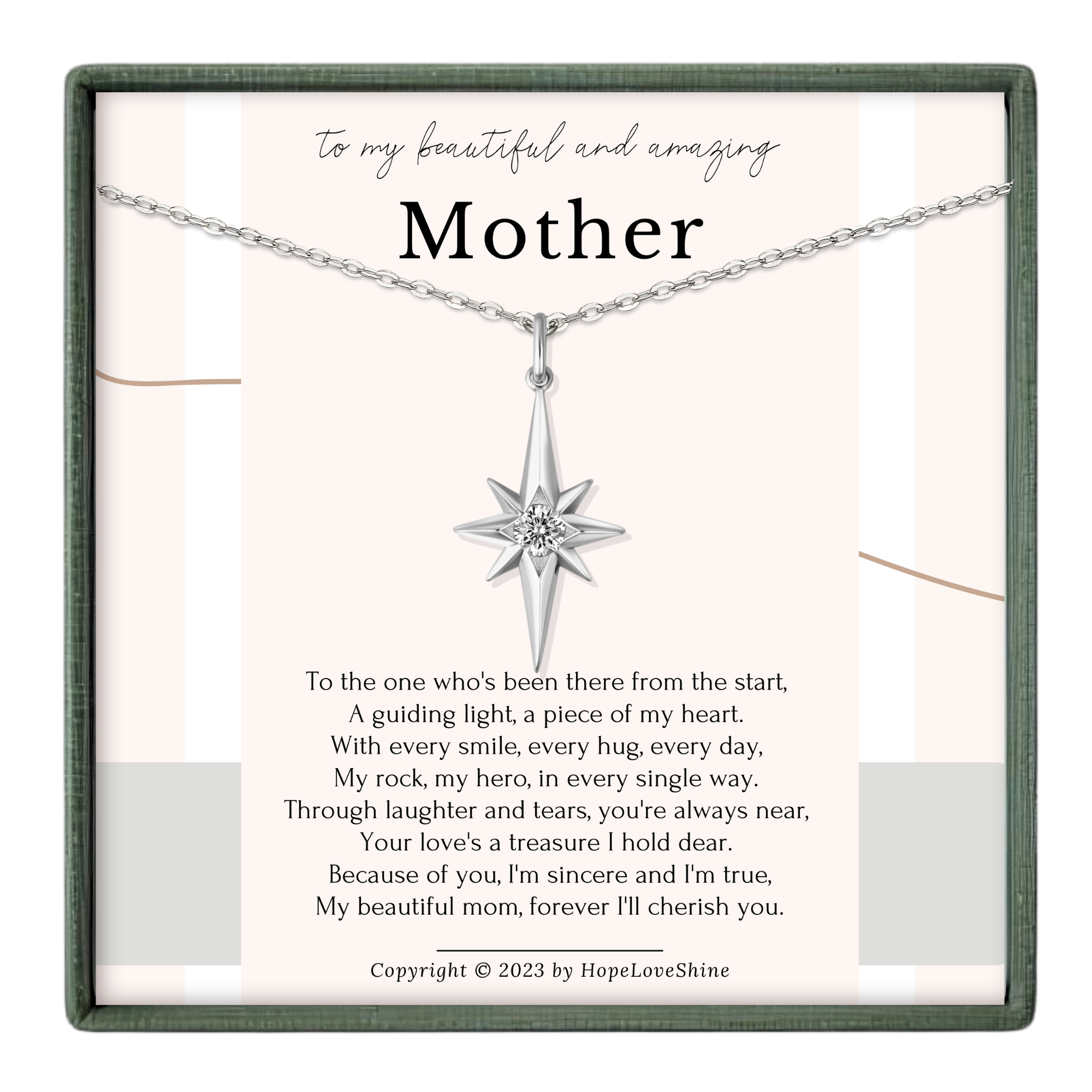 The image is a necklace with a pendant that says "Mother" and contains a poem about a mother.