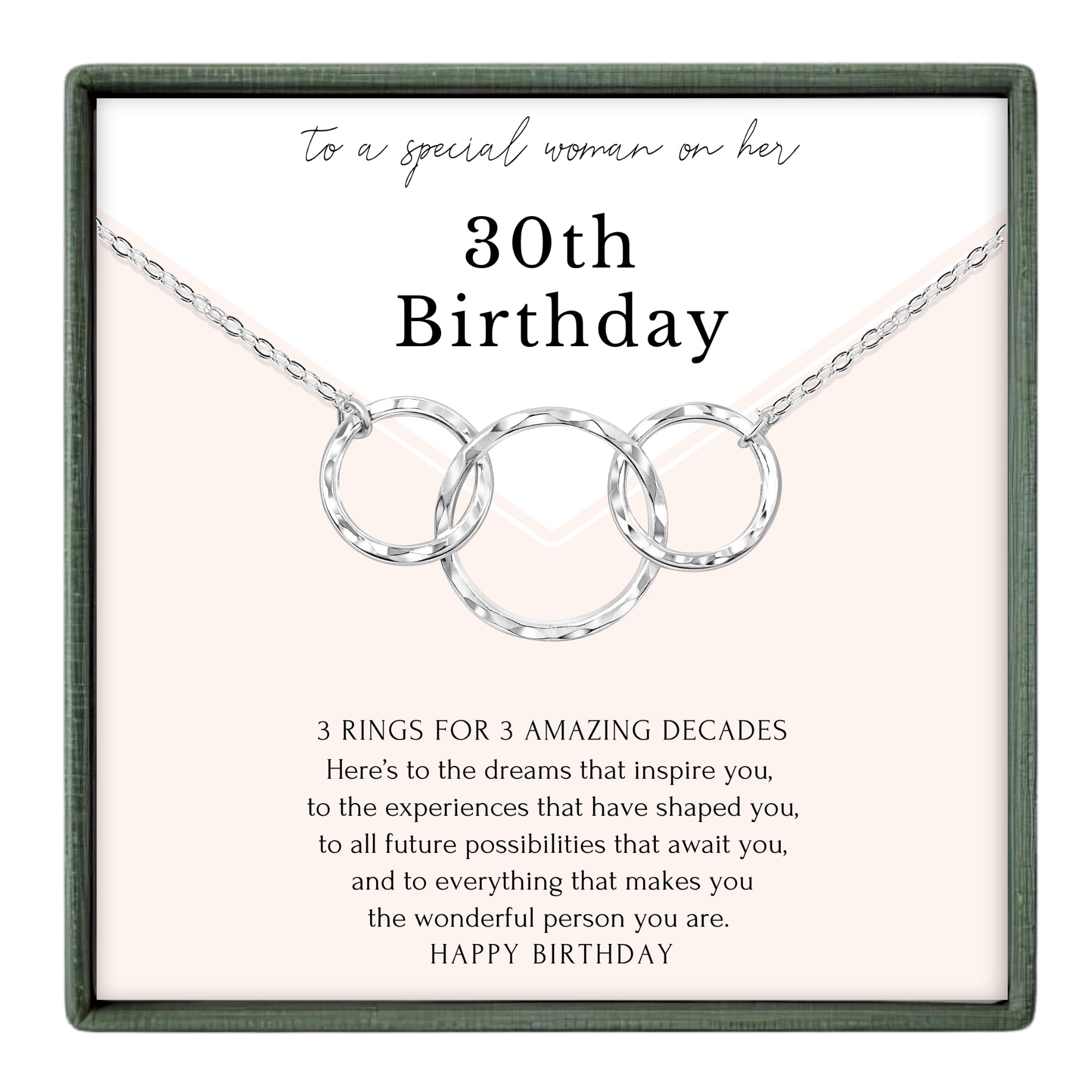 The image is a birthday card with a necklace and a message about the 30th birthday of a special woman.