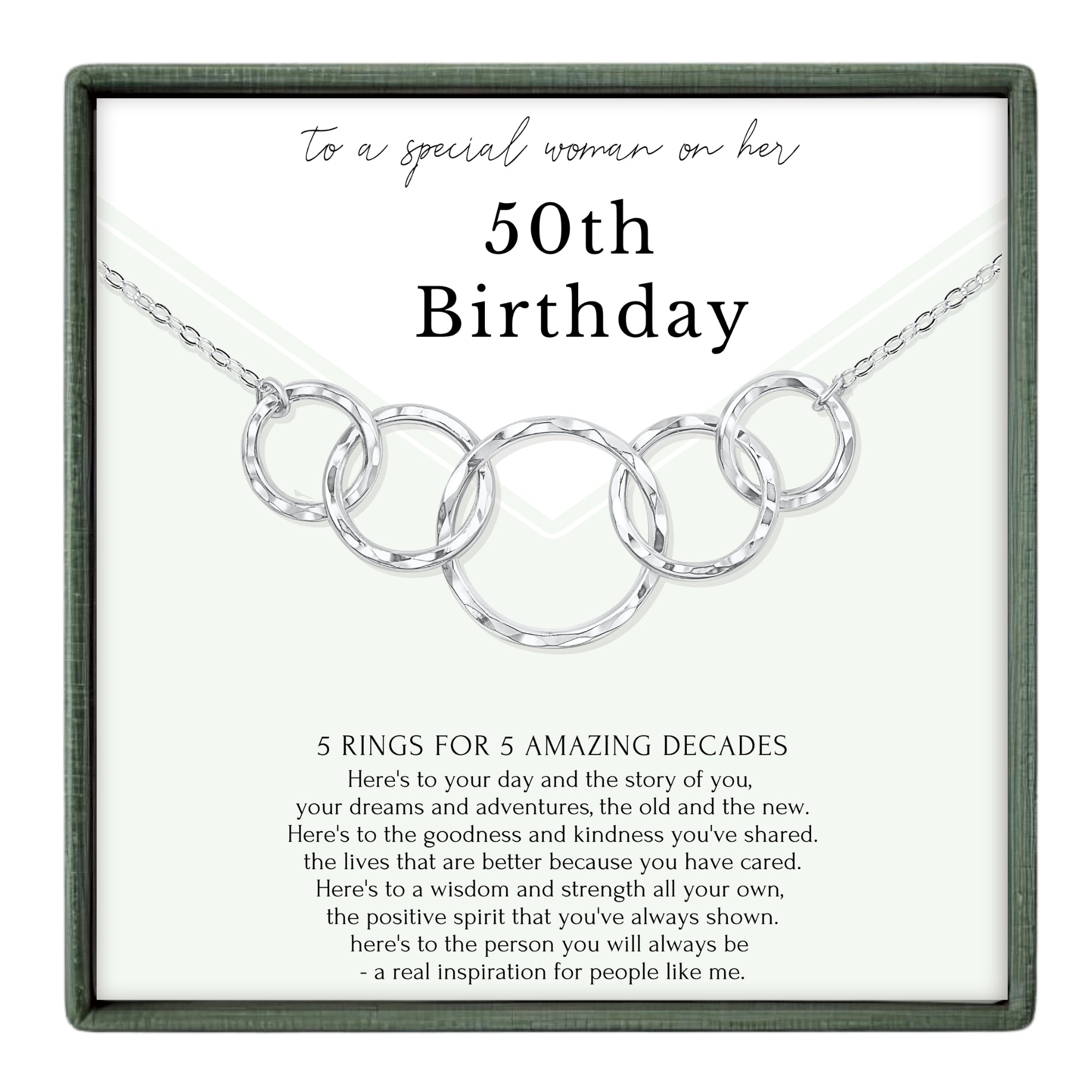 The image is a birthday gift box with a silver necklace featuring a unique design of five rings. The text on the gift box reads "to a special woman on her 50th Birthday" and provides a message about the recipient's life, including their past, present, and future.