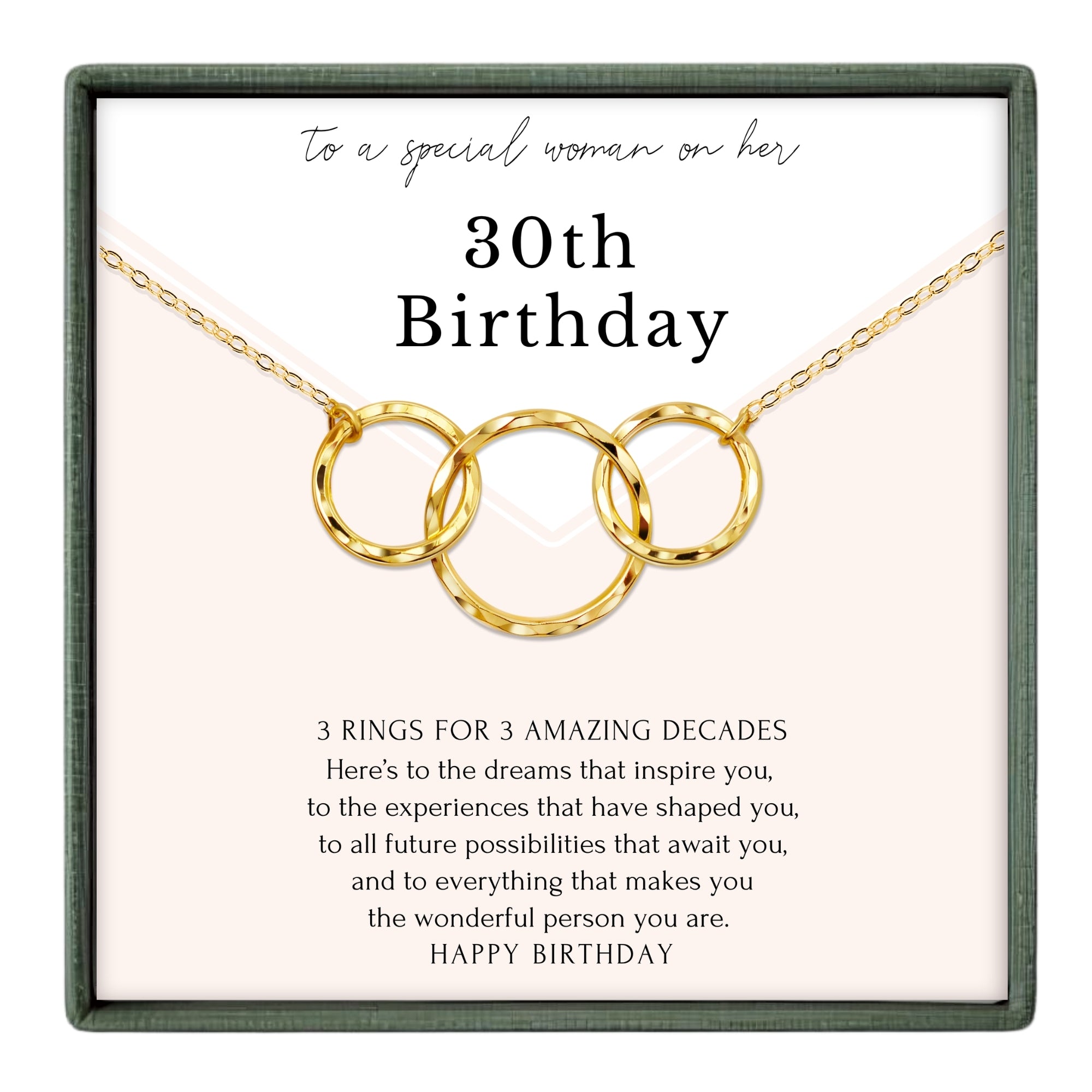 The image is a birthday card for a woman, celebrating her 30th birthday. The card features a necklace with three gold rings, and it includes a message about the woman's dreams and experiences that have shaped her, as well as the future possibilities that await her.