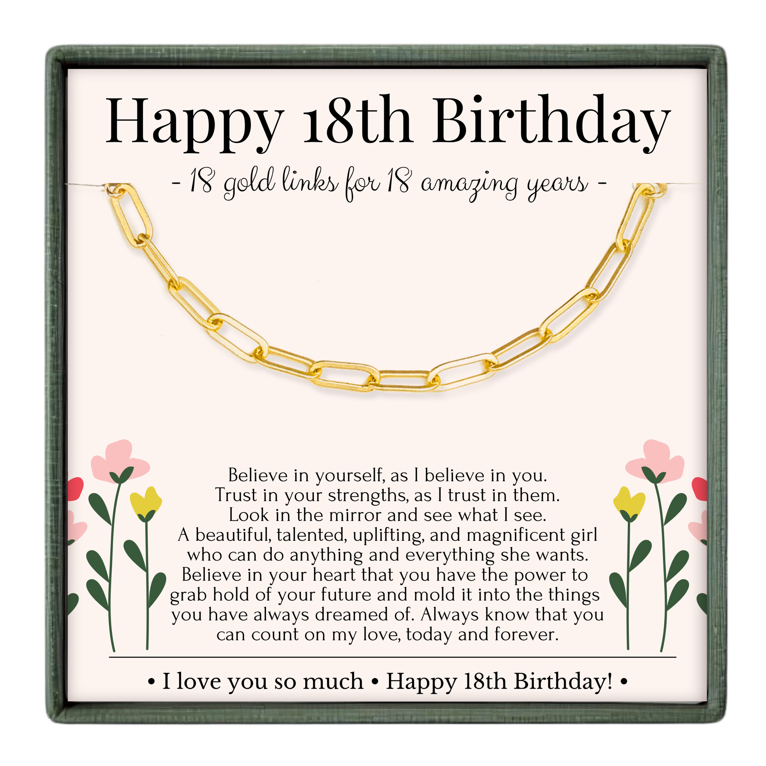 a birthday card with a gold chain necklace