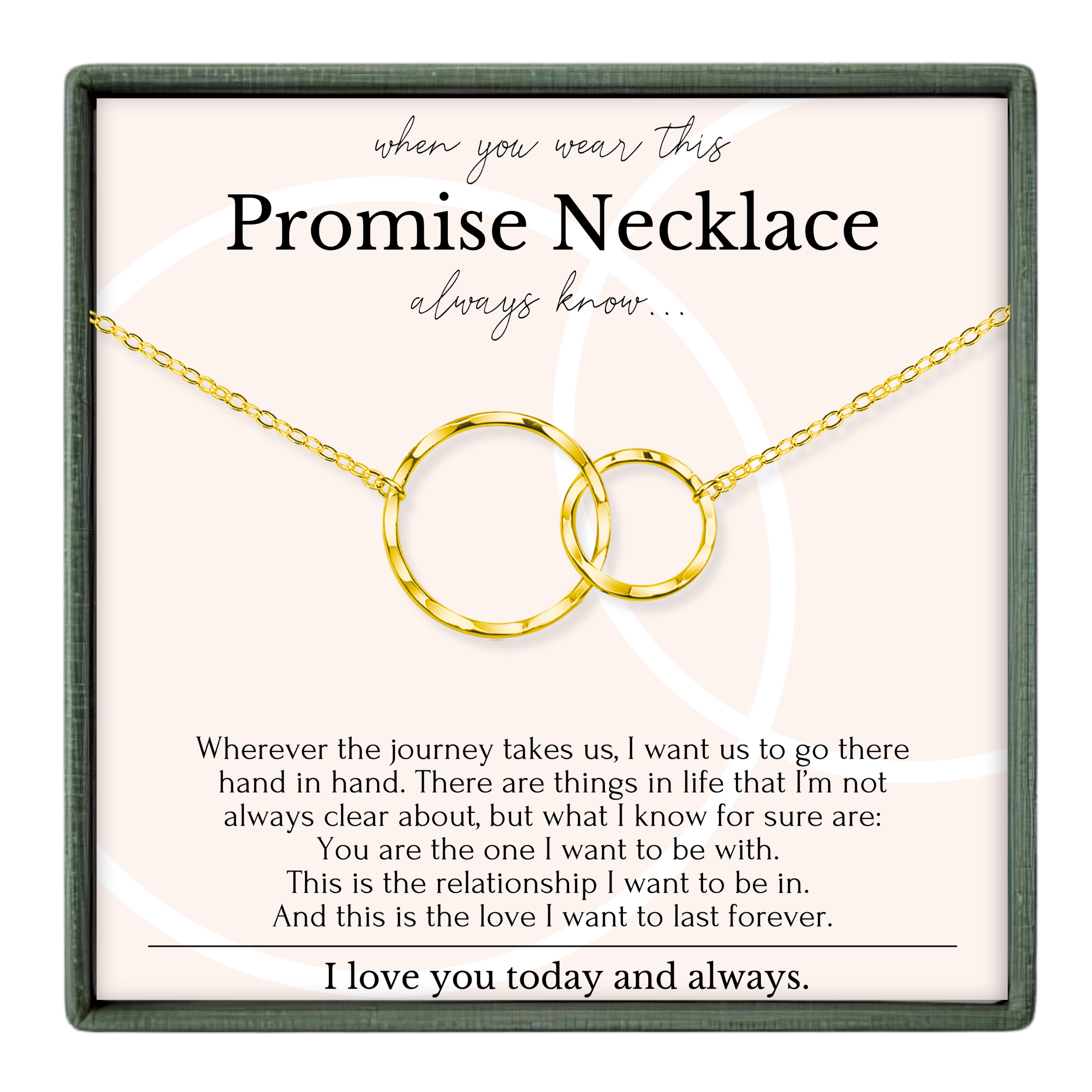 The image is a necklace with two gold rings, accompanied by a heartfelt message about the importance of the relationship and the love that the wearer has for the person they are with.