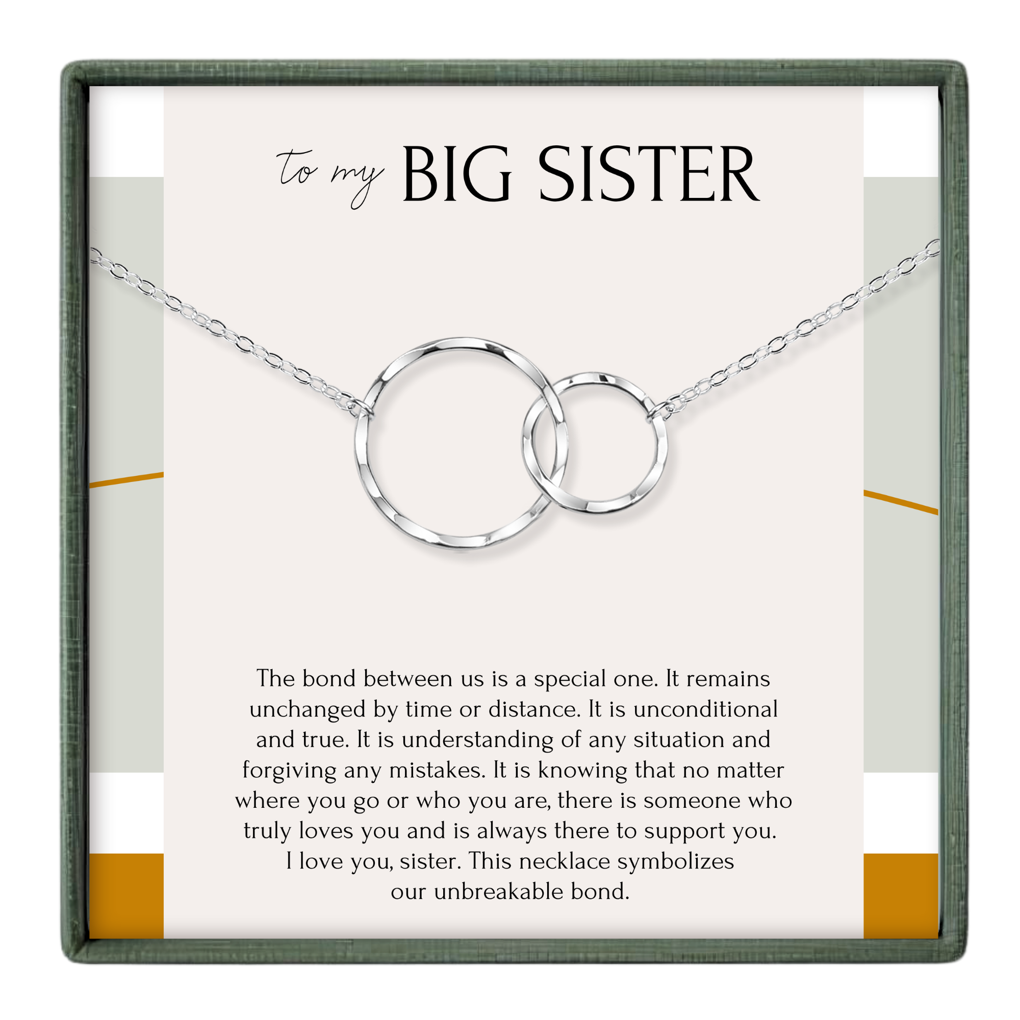 a necklace with two interlocking circular pendants, symbolizing the unbreakable bond between a big sister and her sister.