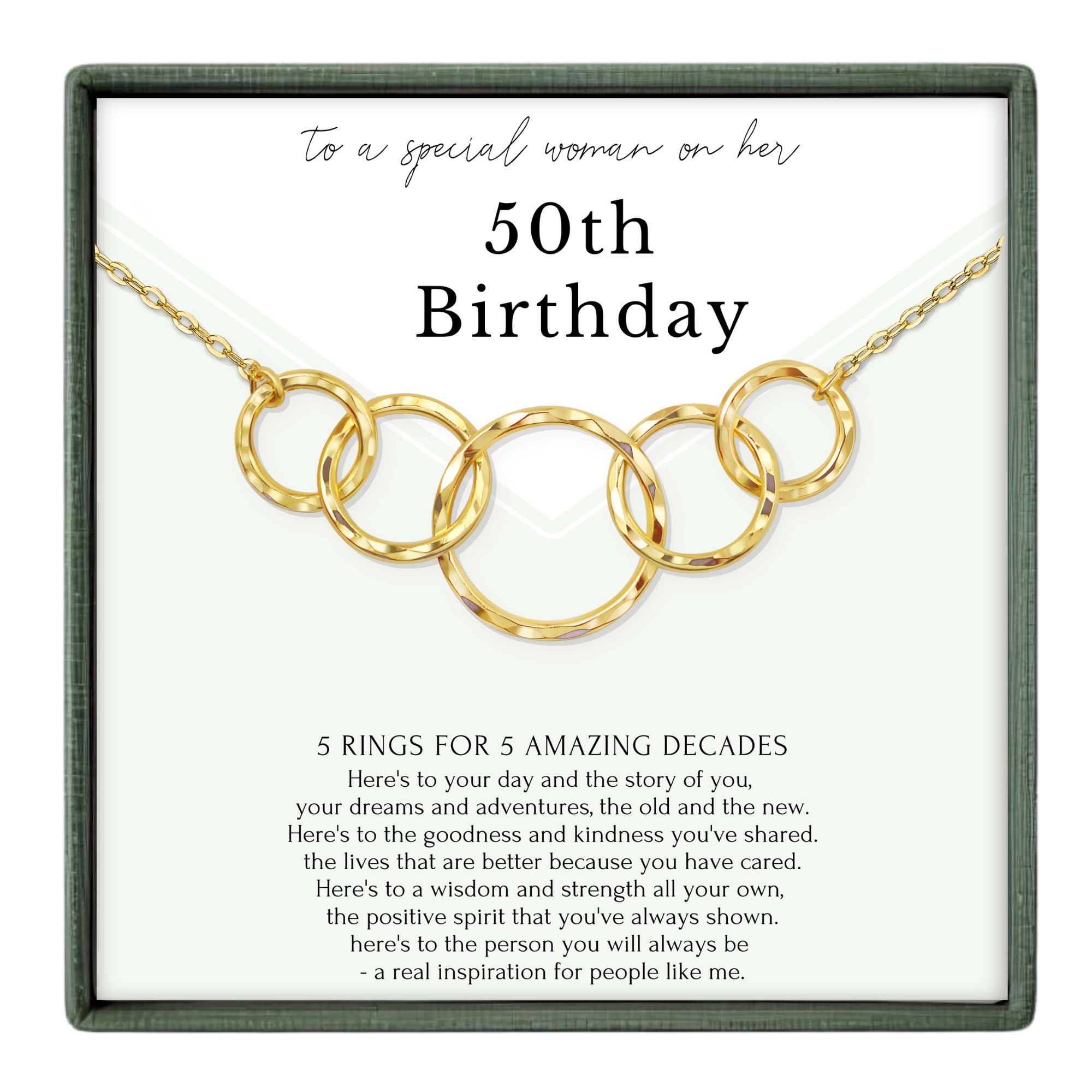 The image is a birthday gift box with a necklace featuring five gold rings. The text on the gift box reads "to a special woman on her 50th Birthday" and provides a message about the rings symbolizing the 50 years of a person's life.