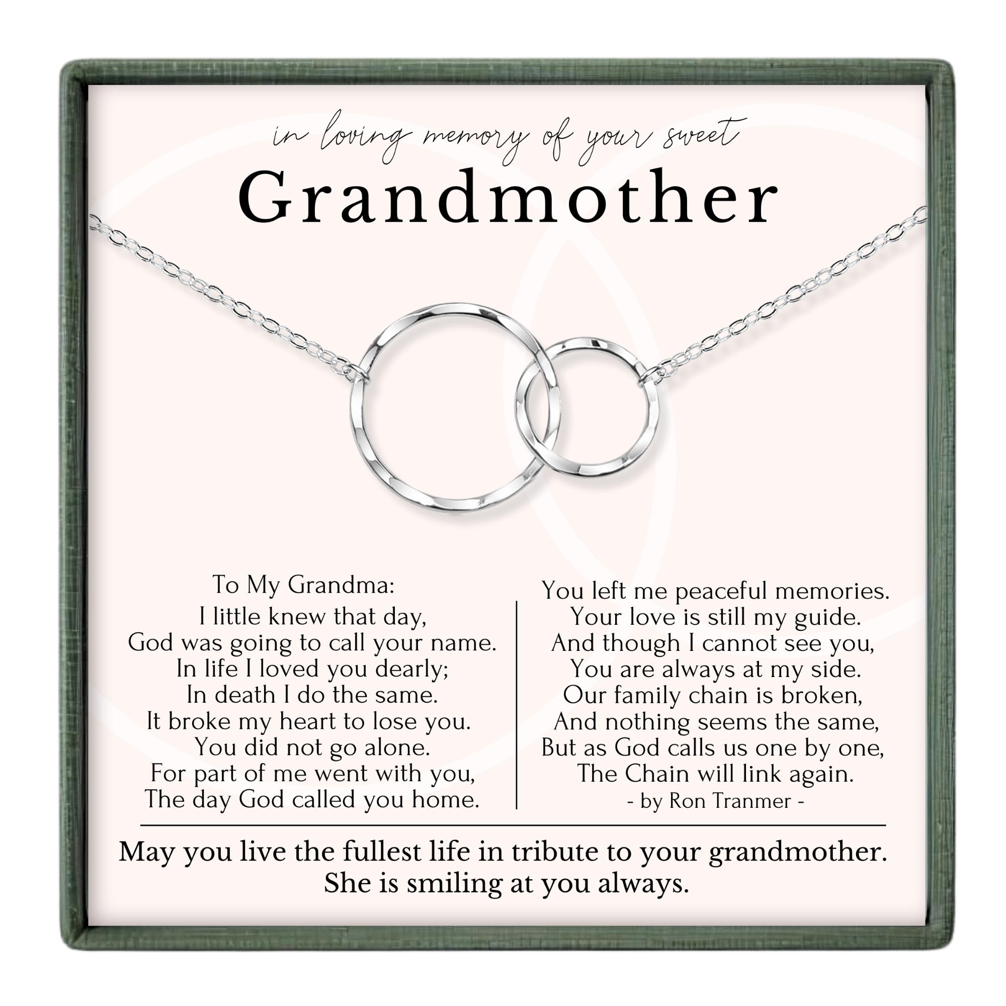 a heartfelt message expressing love and appreciation for a grandmother, accompanied by a necklace with two interlocking rings. The message is written in a personal and sentimental tone, conveying the speaker's admiration and affection for their grandmother.