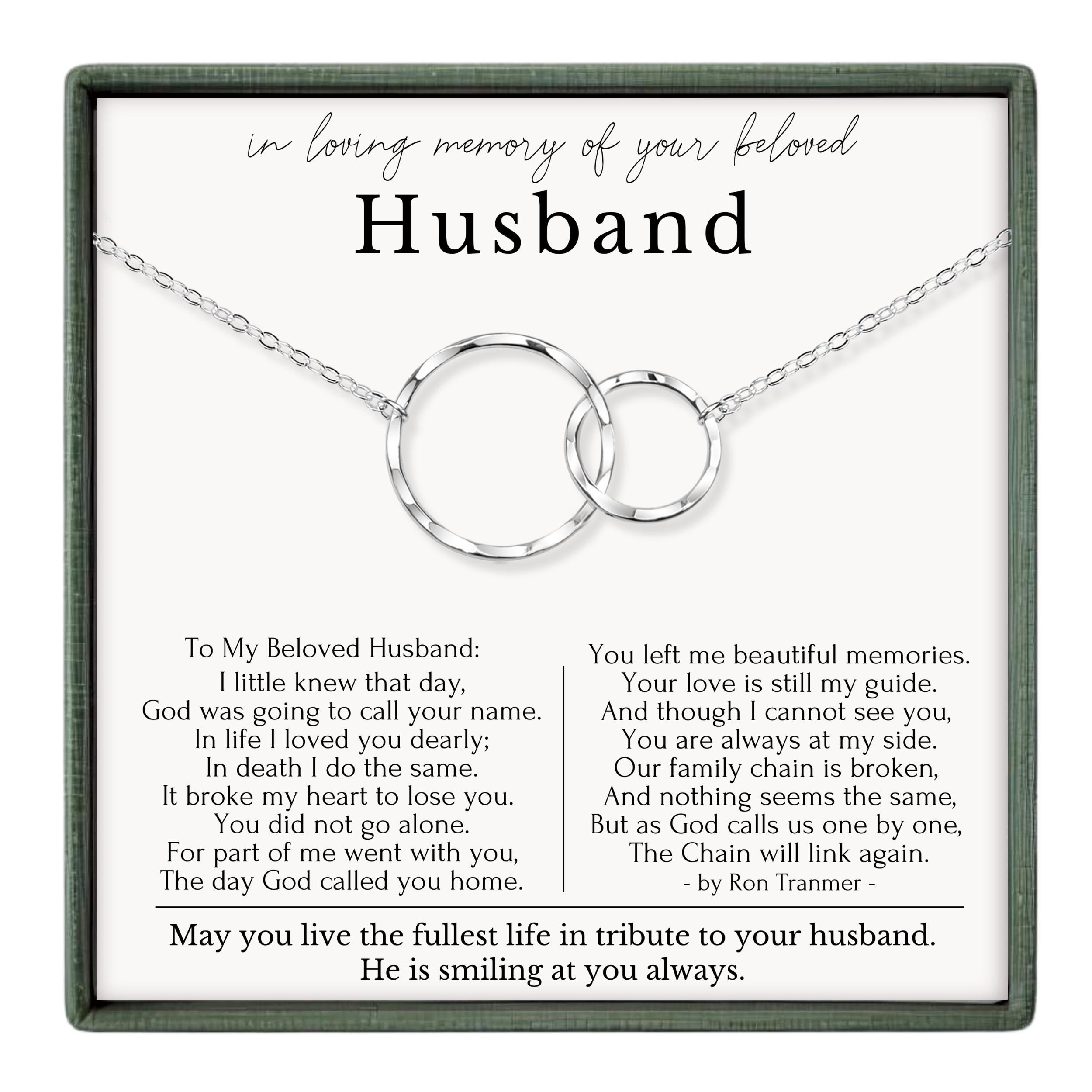 The image is a memorial tribute to a beloved husband, featuring a necklace with two interlocking rings and a heartfelt message about the love and memories shared between the couple.