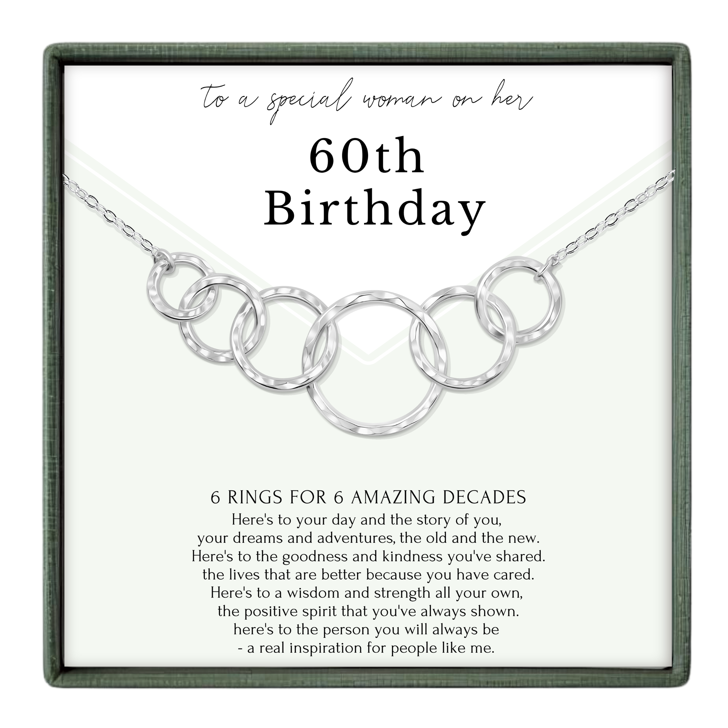 The image is a birthday gift box with a silver necklace featuring a series of rings. The text on the gift box reads "to a special woman on her 60th Birthday" and provides a message about the recipient's life, including their day-to-day experiences, the good fortune and kindness they've shared, and the positive spirit they've always shown.