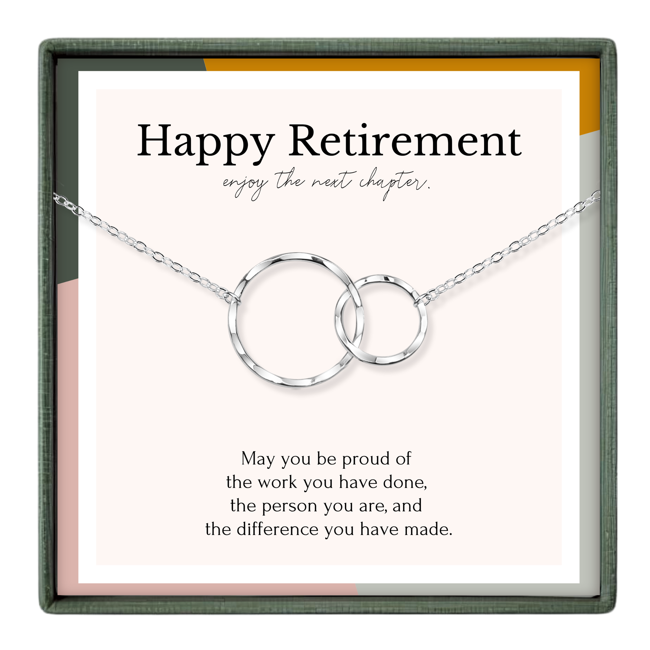 The image is a necklace with two interlocking silver rings, accompanied by a message that reads "Happy Retirement, enjoy the next chapter."