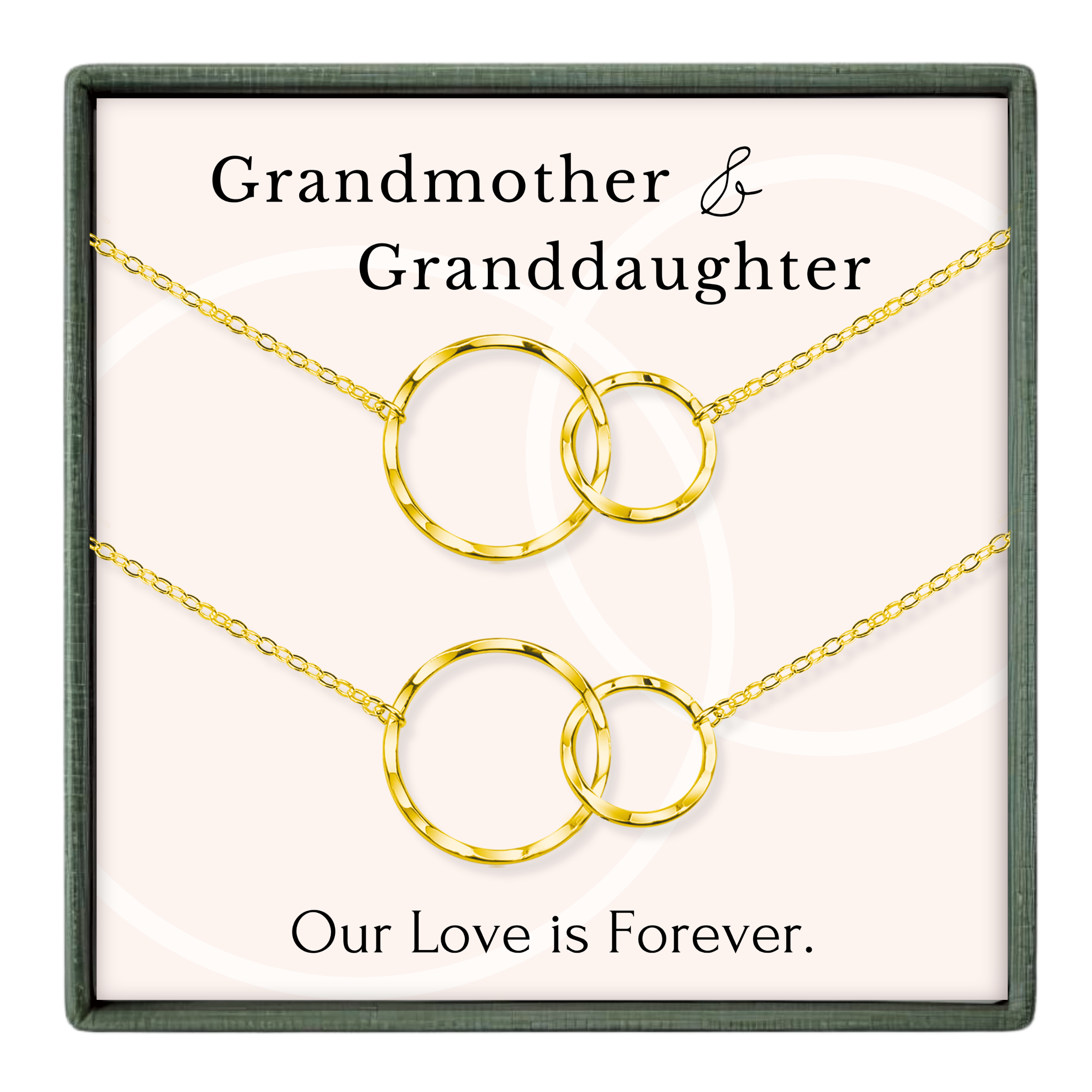 a set of two gold-colored necklaces with interlocking circular links, accompanied by the text "Grandmother & Granddaughter" and "Our Love is Forever."