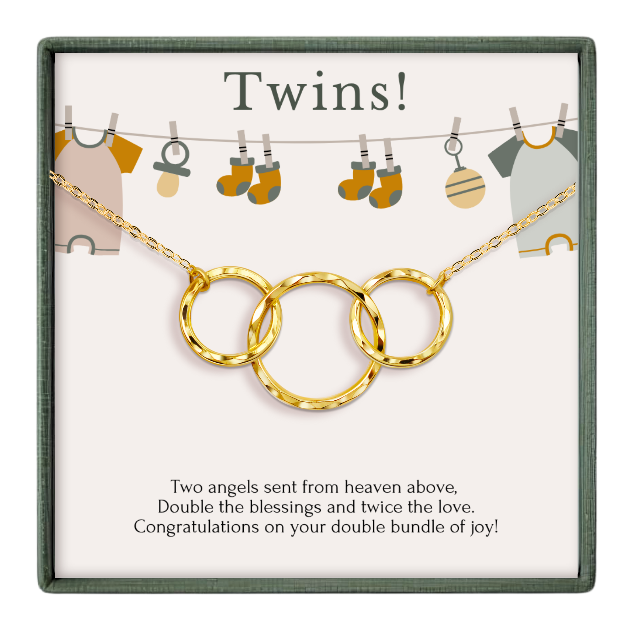 The image is a gift box with a necklace and a message about the arrival of a new baby.